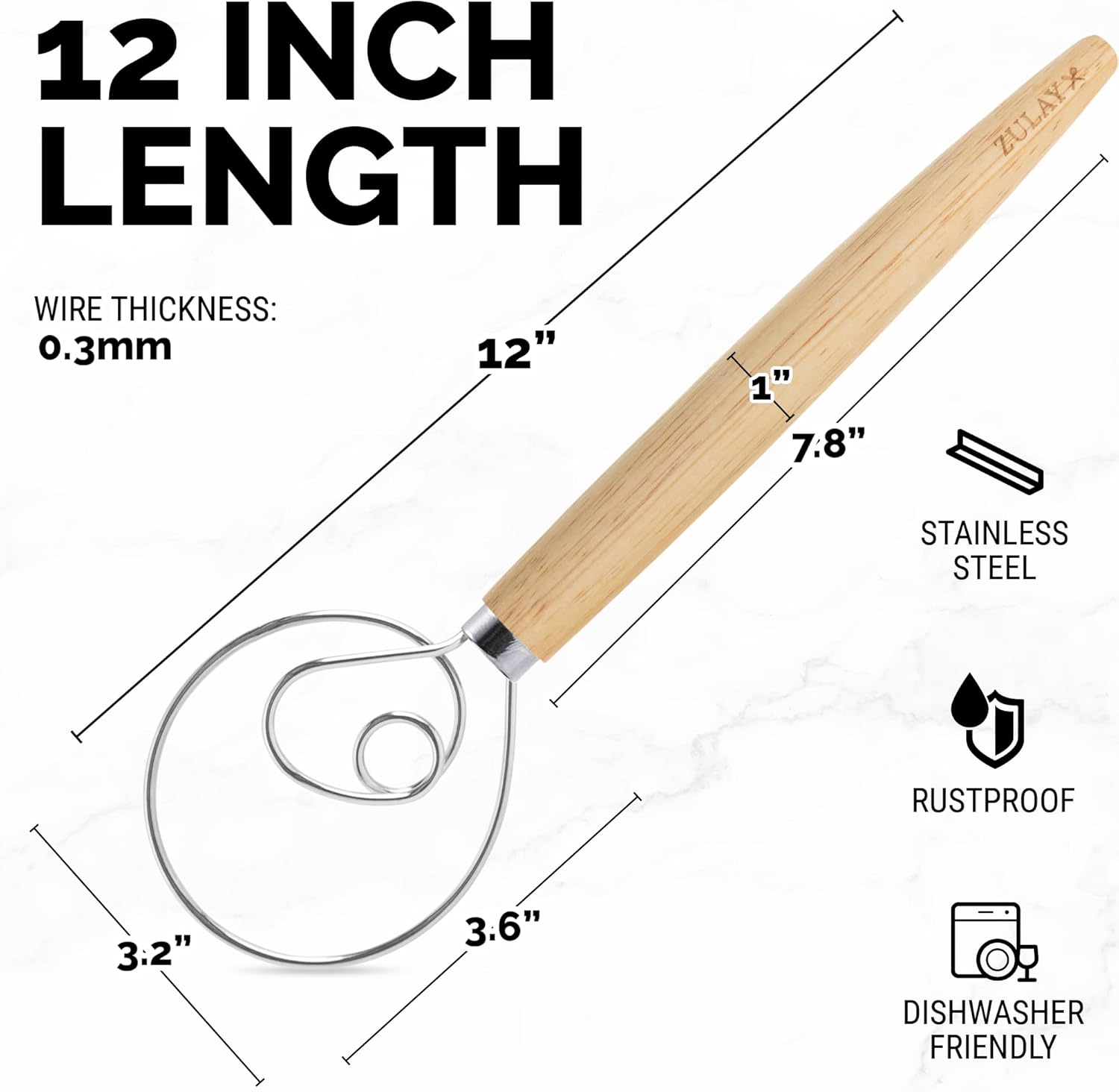 Zulay Kitchen 13-Inch Danish Dough Whisk - Wooden Danish Whisk for Dough with Stainless Steel Dough Hook - Traditional Dutch Whisk - Bread Whisk for Sourdough, Pizza, Pastry, Cake Batter - Image 2