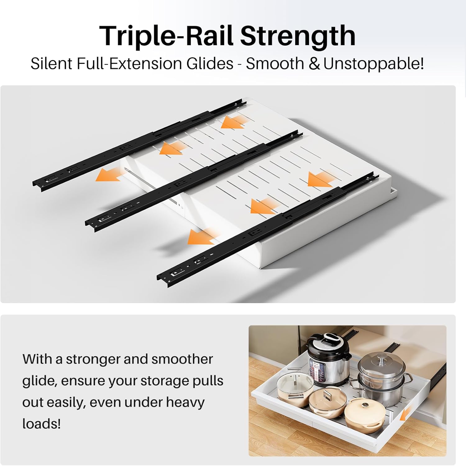 Pull out Cabinet Organizer, 2-Pack Expandable(13.6"-24") Silde out Drawers with Raising Pad for Framed Cabinets, Adjustable Full-Extension Adhesive Roll out Shelves for Kitchen Pantry Home Pot and Pan - Image 5