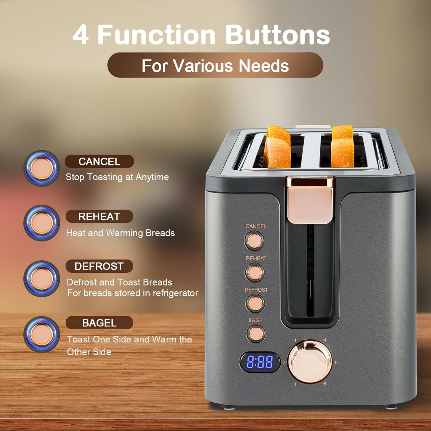 Mecity 4 Slice Toaster, Long Slot Toaster With Warming Rack, Timer, Bagel, Defrost, Reheat Functions, Crumb Tray, 6 Browning Settings, Extra Wide Long Slots, Stainless Steel, 1300W, Grey - Image 5