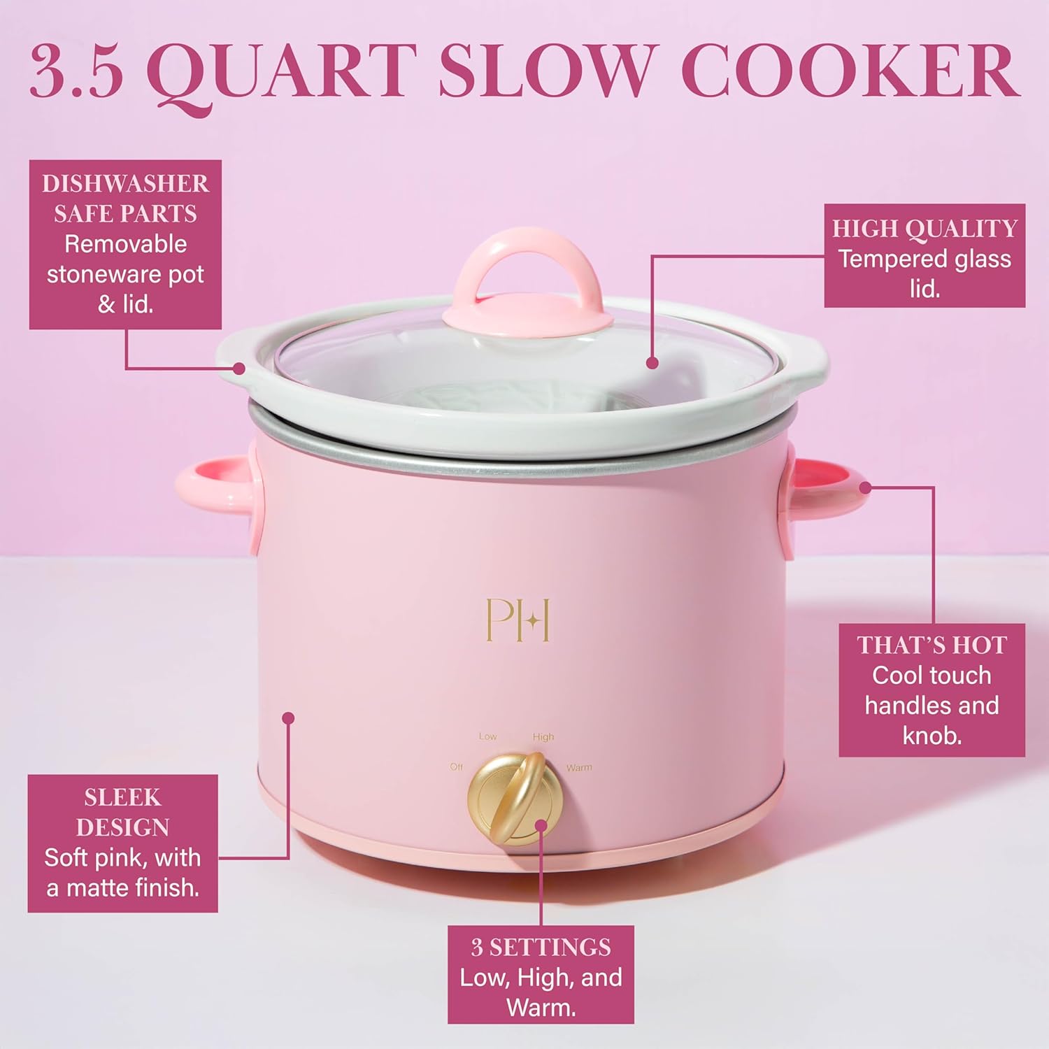 Paris Hilton 3.5-Quart Manual Slow Cooker, Features Three Settings (Low, High, Warm), Naturally Nonstick and Dishwasher Safe Stoneware Insert, Family Sized Capacity, Pink - Image 3