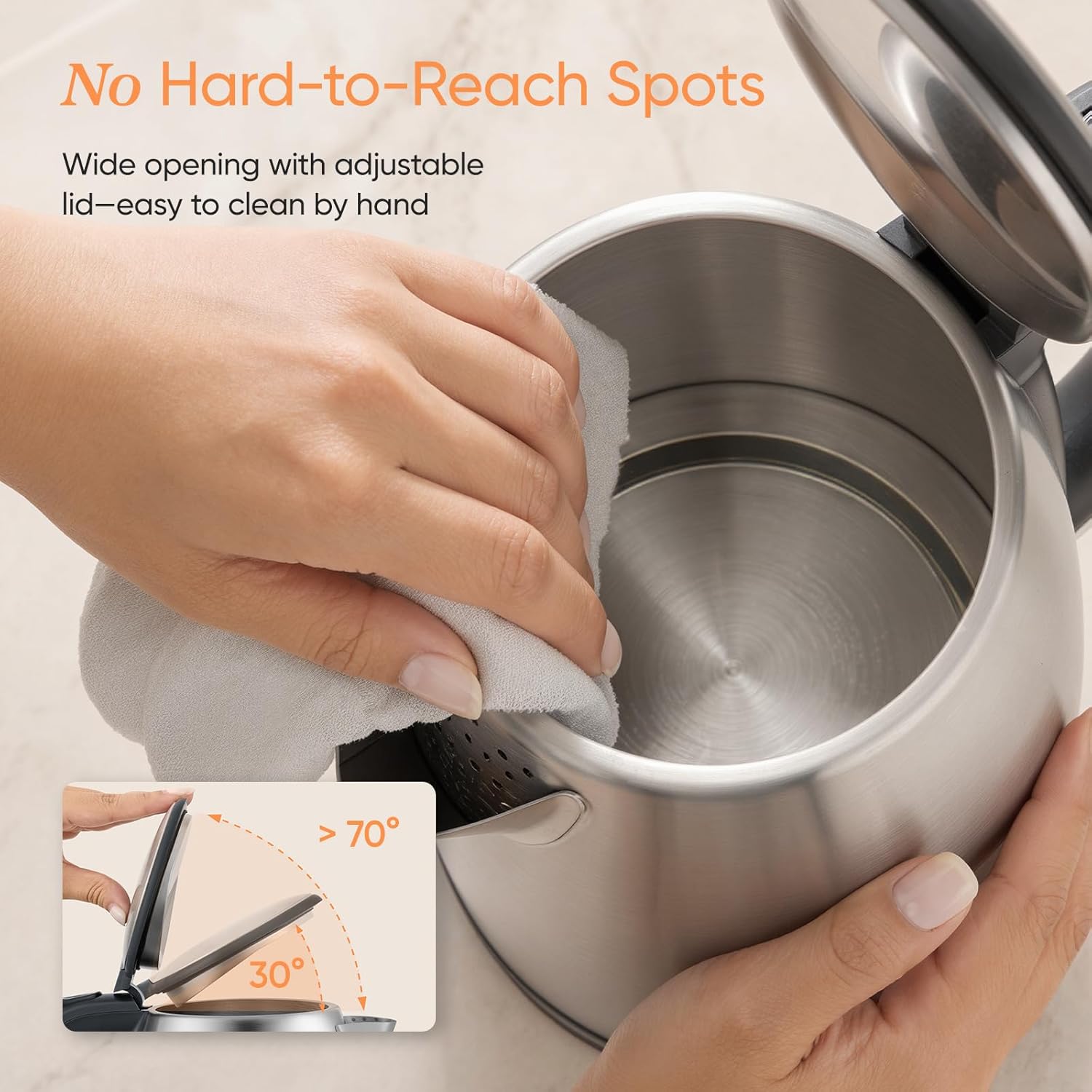 COSORI Electric Kettle, Plastic-Free Interior, 2 Lid Opening Angles, Easy to Clean, Automatic Shut Off & Boil-Dry Protection, Stainless Steel Tea Kettle, Hot Water Boiler & Heater, 1.7L, 1500W - Image 5