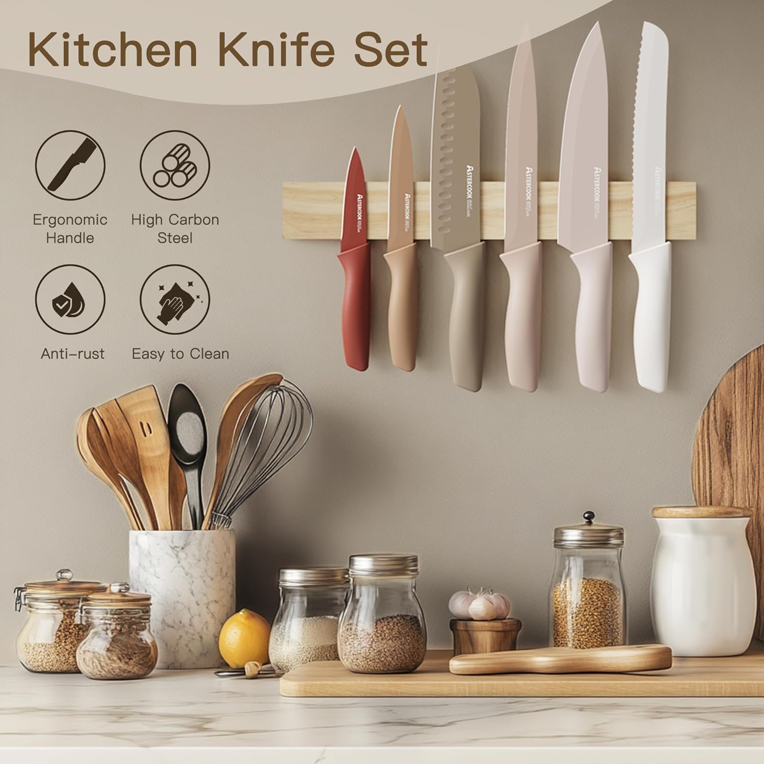 Astercook Knife Set, 13 Pieces Kitchen Knives Set with Healthy Anti-Rust Coating, Dishwasher Safe, Stainless Steel Chef Knife Sets with 6 Blade Guards, Perfect Valentine's Day Gifts for Kitchen - Image 3