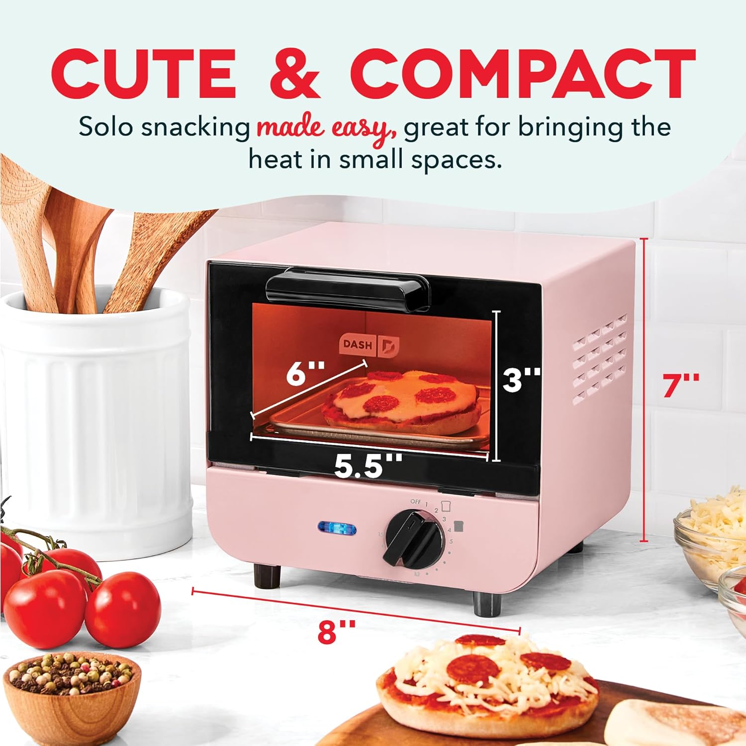 Dash Mini Toaster Oven - Sleek & Stylish - For Creative Homemade Treats - Compact, Space-Saving Design - adjustable temperature dial - Removable Baking Tray - Pink - Image 2