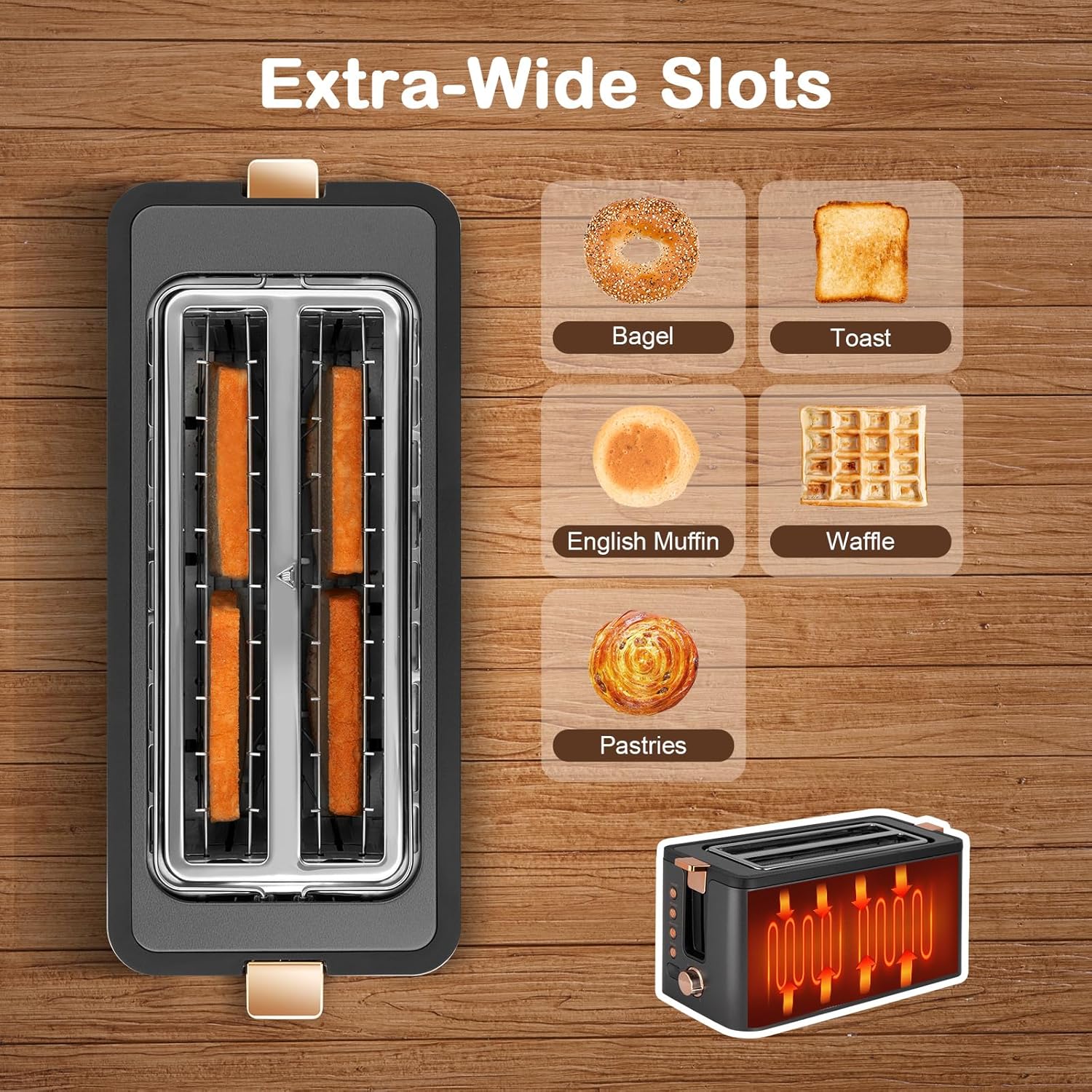 Mecity 4 Slice Toaster, Long Slot Toaster With Warming Rack, Timer, Bagel, Defrost, Reheat Functions, Crumb Tray, 6 Browning Settings, Extra Wide Long Slots, Stainless Steel, 1300W, Grey - Image 4