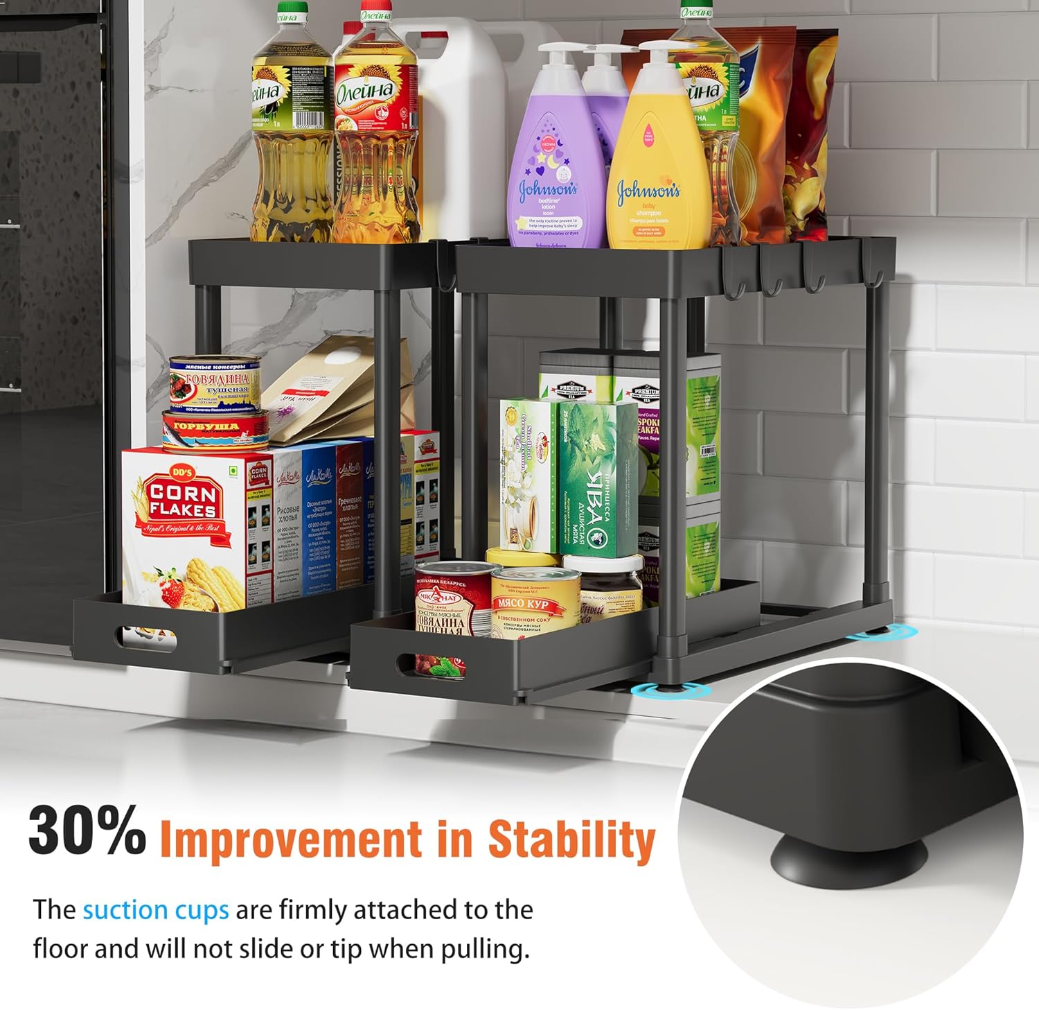 2 Pack Pull-Out Storage Organizers, Under Sink Organizer and Storage for Bathroom & Kitchen,Multi-Purpose Under Cabinet Organizers and storage Black - Image 3