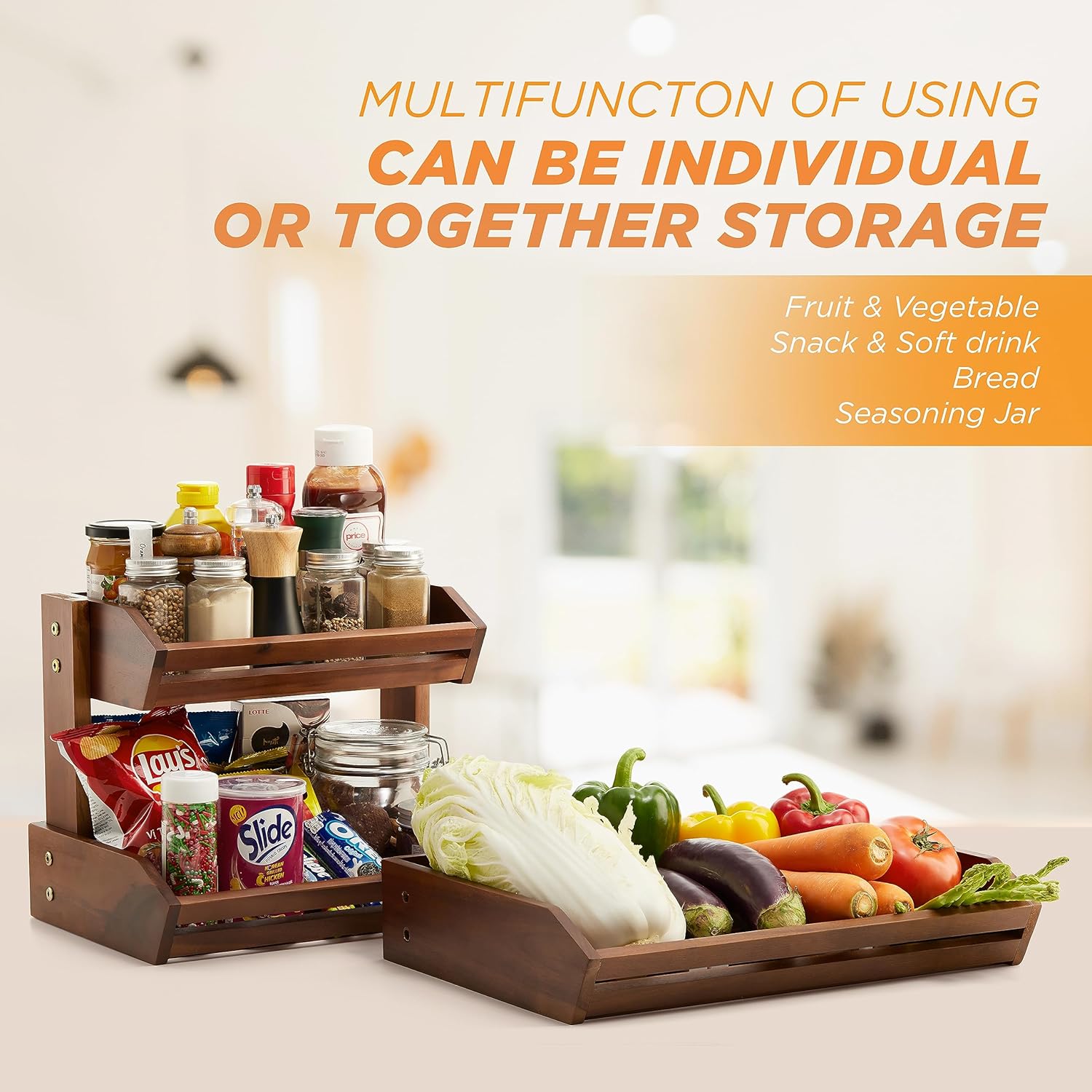 HOLANA Acacia 3 Tier Fruit Basket for Counter – Wooden Fruit Bowl for Kitchen Counter Organizer & Produce Storage Wooden Basket, Snack Organizer for Countertop, Kitchen Counter Storage (Acacia) - Image 5