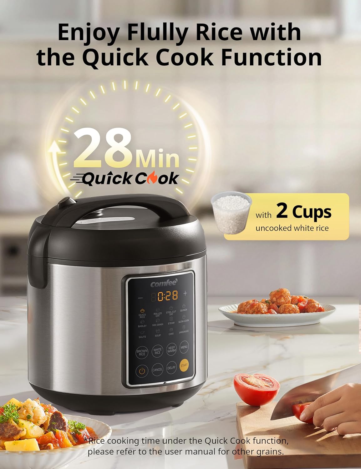 COMFEE' Rice Cooker, 14-in-1 Stainless Steel Multi Cooker, Slow Cooker, Steamer, Sauté, and Warmer, 5.3 QT, 20 Cups Cooked (10 Cups Uncooked), Brown Rice, Quinoa and Oatmeal - Image 3