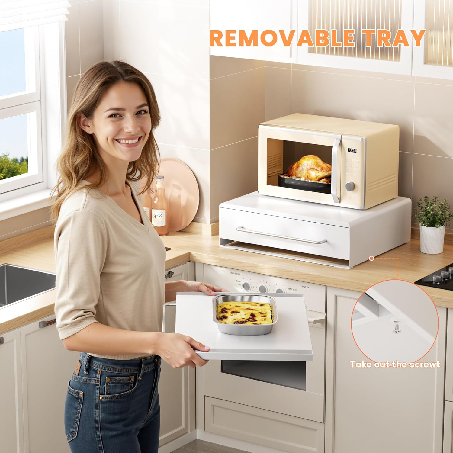 DTK Microwave Stand with Pull-Out Drawer & Tray, Kitchen Storage Drawers Countertop for Compact Microwave, Coffee Station & Kitchen Appliance, Microwave Riser with Storage, White(Stand+Drawer+Tray) - Image 4