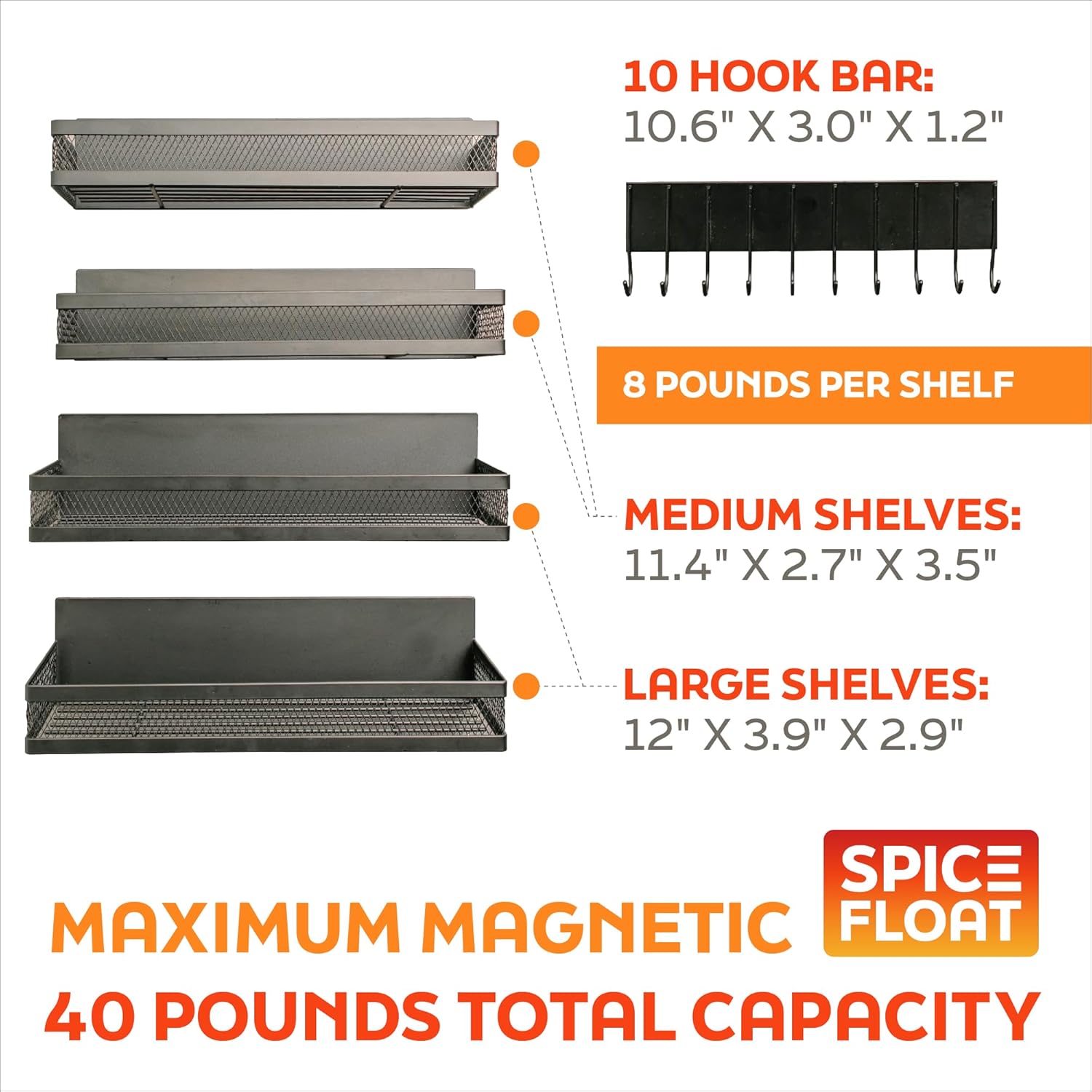 SPICE FLOAT Magnetic Spice Organizer Racks - 4 Premium Metal Racks + 1 Hanging Hook Bar Kitchen Shelf - Seasoning Organizer For Kitchen Appliances (3.94" x 12.2" x 3.15") - Image 2
