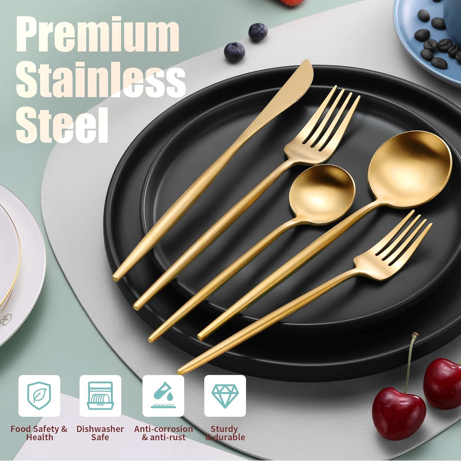 Lemeya Matte Gold Silverware Set for 6,Modern Stainless Steel Brushed Cutlery Set,30-Pieces Heavy Duty Flatware Set,Knives Spoons and Forks Set Utensils Set,Satin Finish,Dishwasher Safe - Image 4