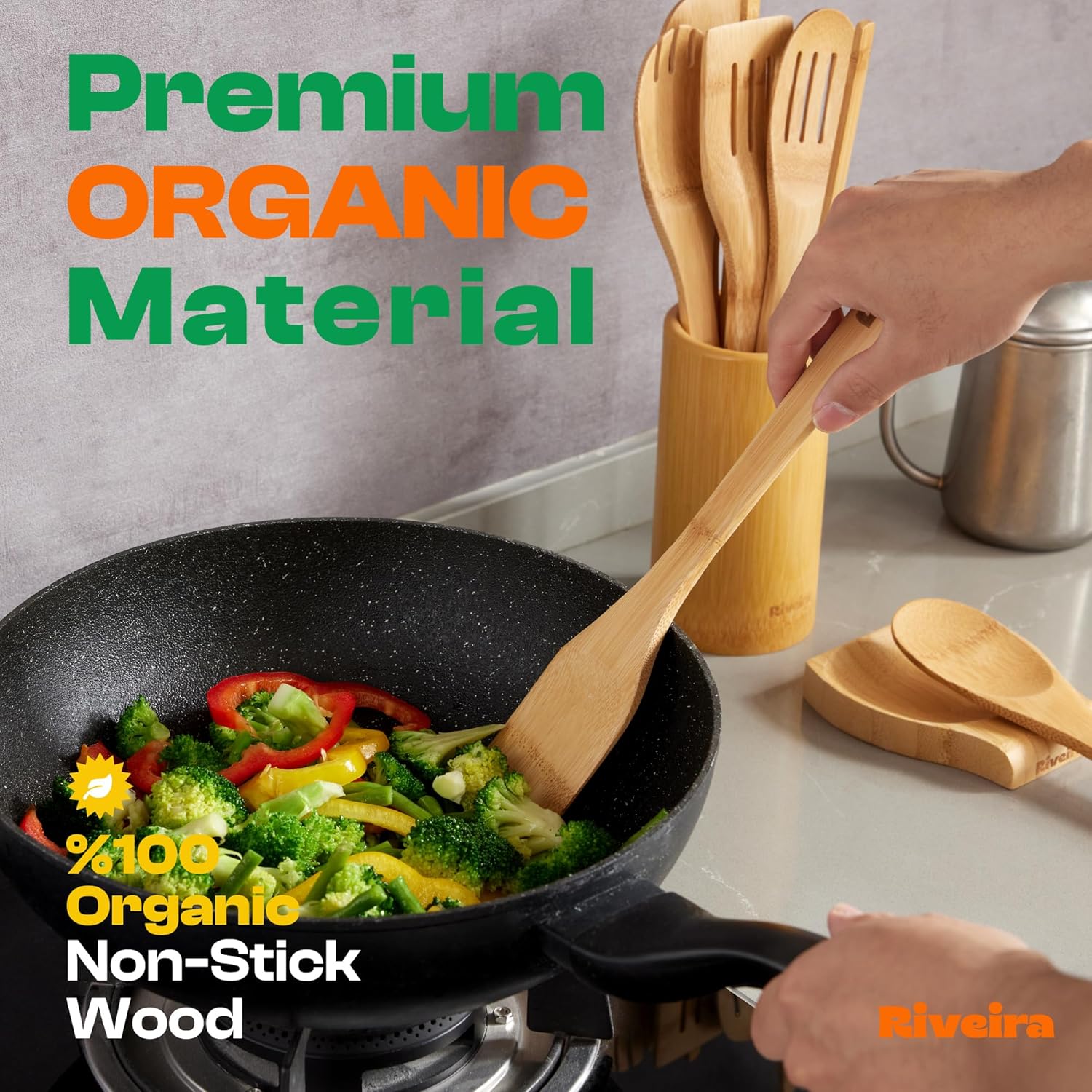 Riveira Bamboo Cooking Spoons 6-Piece – Wooden Cooking Utensils Set with Wooden Spoons for Cooking & Spatulas Wooden Utensil Sets – Premium Kitchen Utensils Set – Durable First Apartment Essentials - Image 2