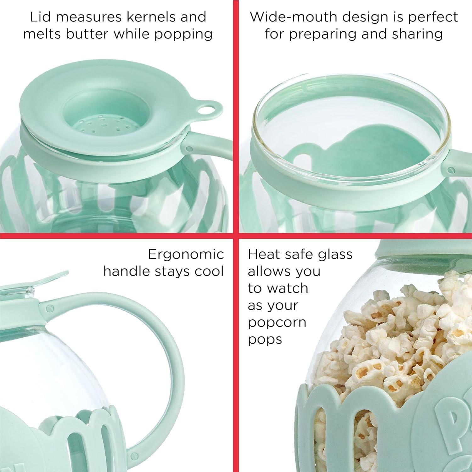 Ecolution Patented Micro-Pop Microwave Popcorn Popper with Temperature Safe Glass, 3-in-1 Lid Measures Kernels and Melts Butter, Made Without BPA, Dishwasher Safe, 3-Quart, Aqua - Image 6