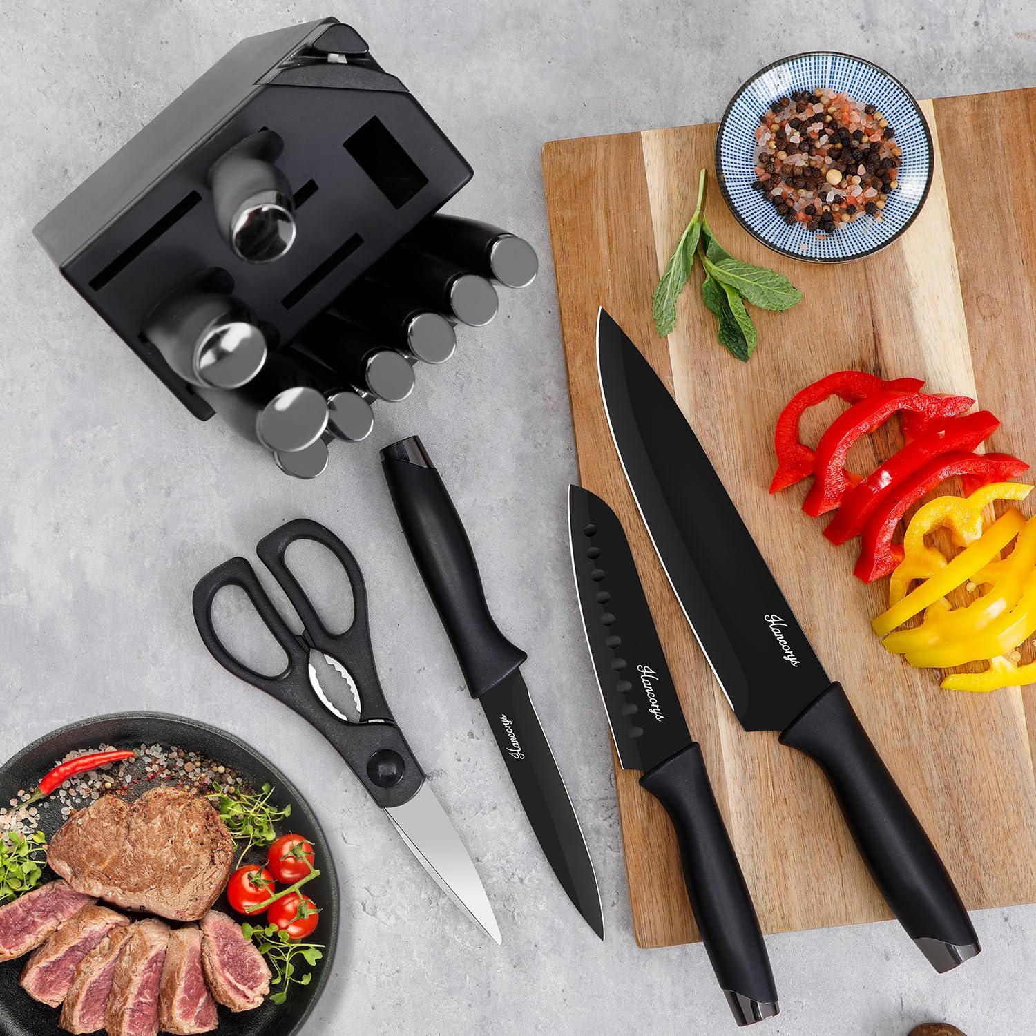 Knife Sets for Kitchen with Block, 15 Pieces Chef Knife Set with Self Sharpening, Stainless Steel Nonstick Ceramic Anti-Rust Coating Blades, Ergonomic Handle, Black Grey - Image 6