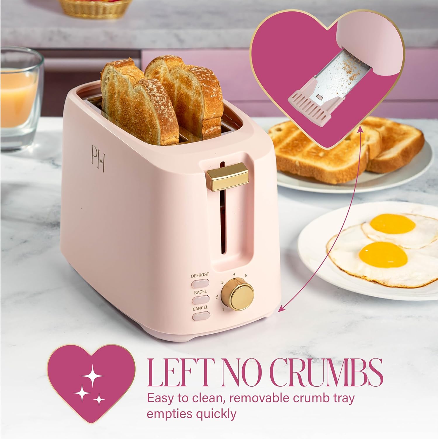 Paris Hilton 2-Slice Toaster, Extra-Wide Slots, 7 Browning Settings, Bagel & Defrost Functions, Removable Crumb Tray, Pink - Image 4