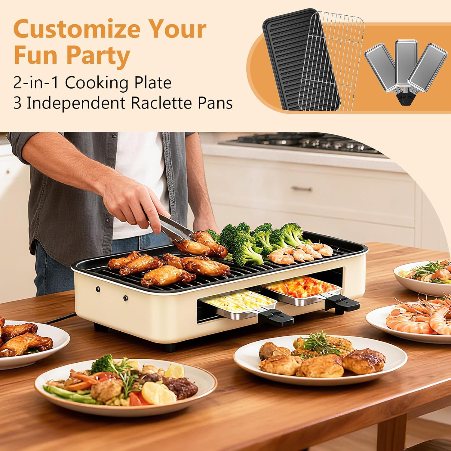 Electric Indoor Grill 1500W -2 in 1 Smokeless Indoor Grill for Kitchen with Non-stick Removable Grill & Griddle Plate,Temperature Control Korean BBQ Grill with 3 Cheese Pans Dishwasher Safe - Image 3