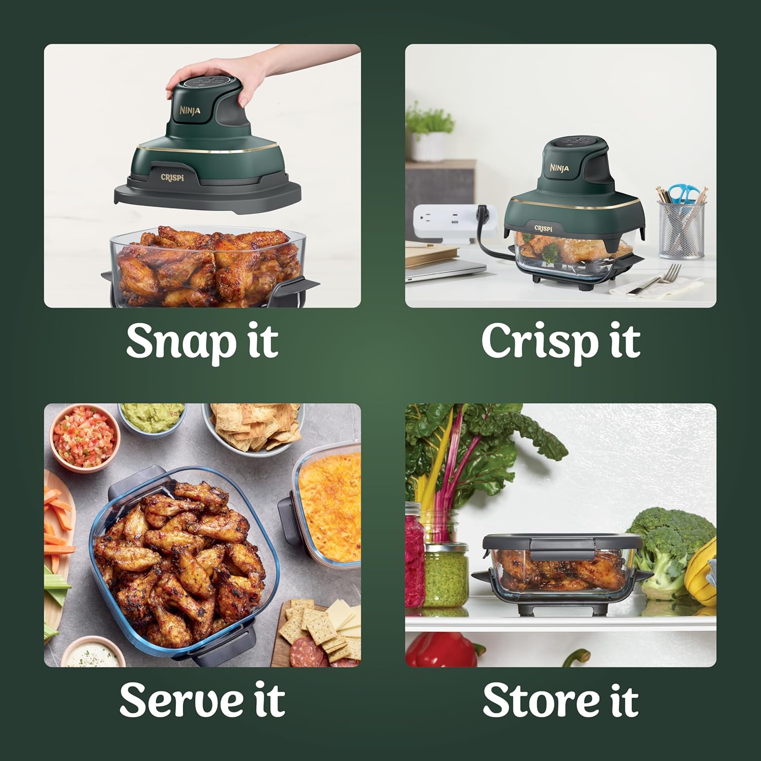 Ninja Crispi 5-in-1 Glass Air Fryer | 450°F, Nontoxic, 4QT & 6-Cup Containers & Lids | Microwave, Freezer, Dishwasher Safe | Max Crisp, Air Fry, Bake, Recrisp, Keep Warm | Brit. Racing Green, FN103BF - Image 9