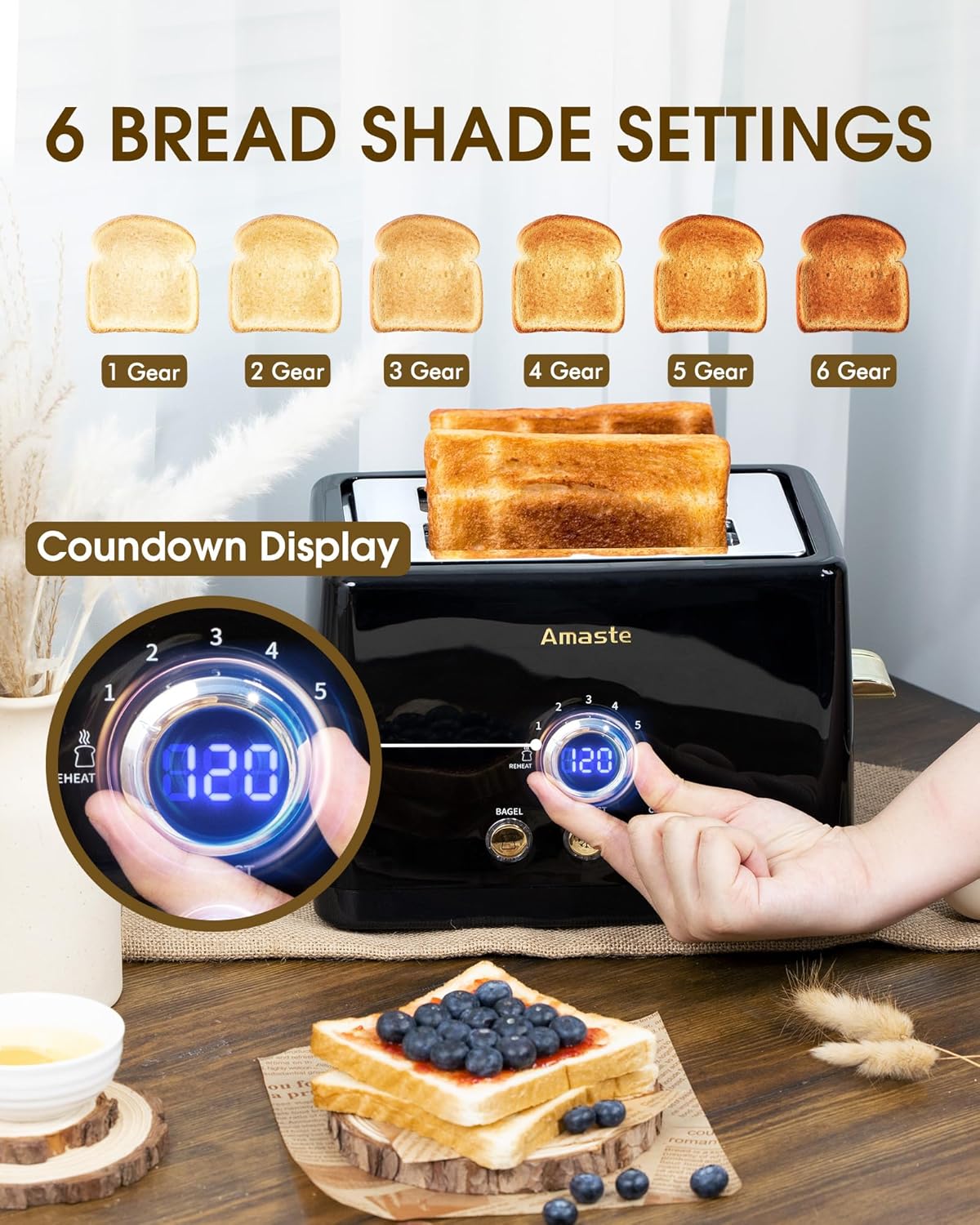 2 Slice Toaster, Retro Bread Toaster with LED Display, Extra Wide Slots Toasters with 6 Bread Shade Settings, Bagel, Cancel, Defrost Function, Stainless Steel with High Lift Lever, Removal Crumb Tray - Image 3