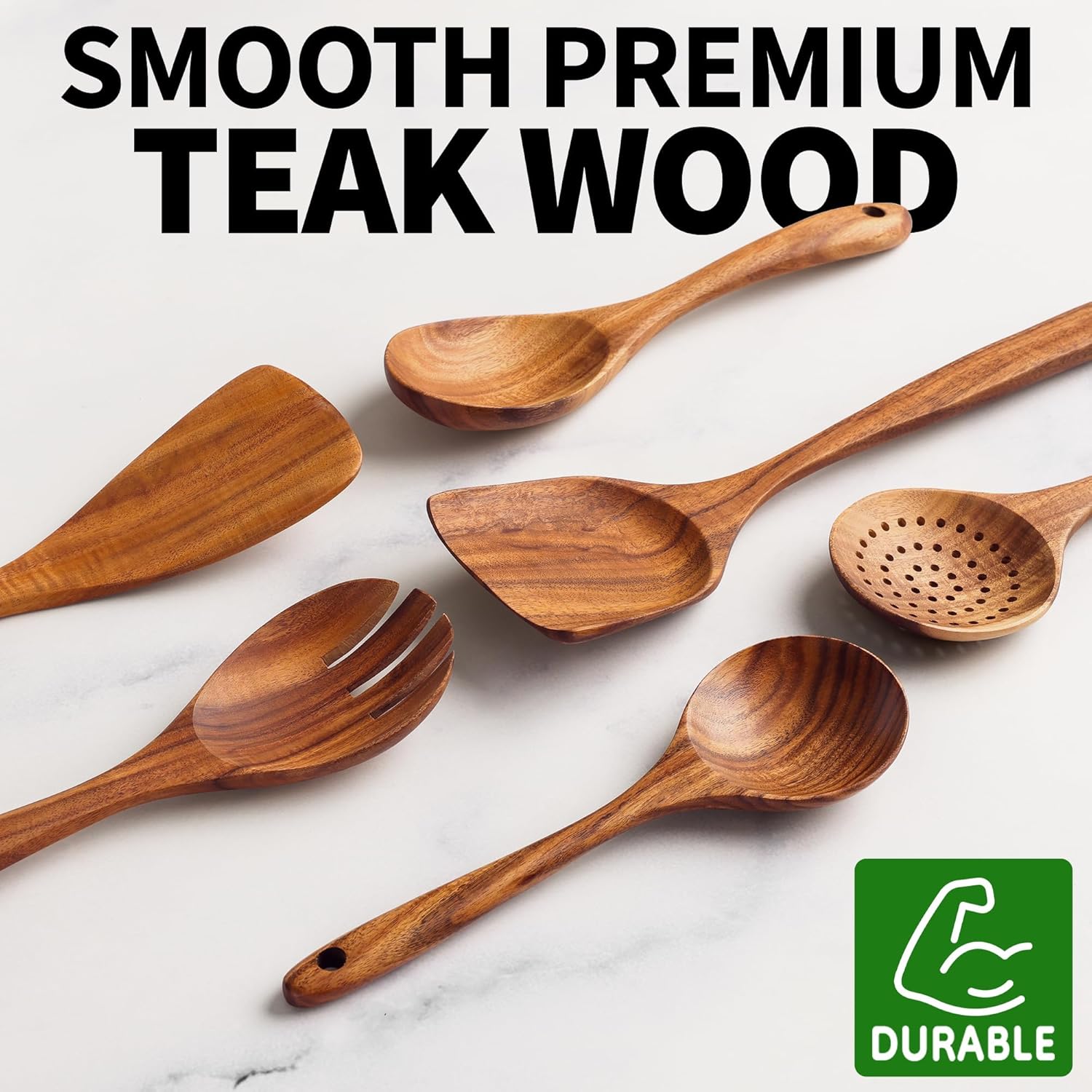 Zulay Kitchen 6-Piece Wooden Spoons for Cooking - Smooth Finish Teak Wood Utensils - Soft Comfort-Grip Cooking Wood Spoons Non-Stick Teak Easy to Clean Utensils Heat Resistant Non-Scratch Spoon Sets - Image 3