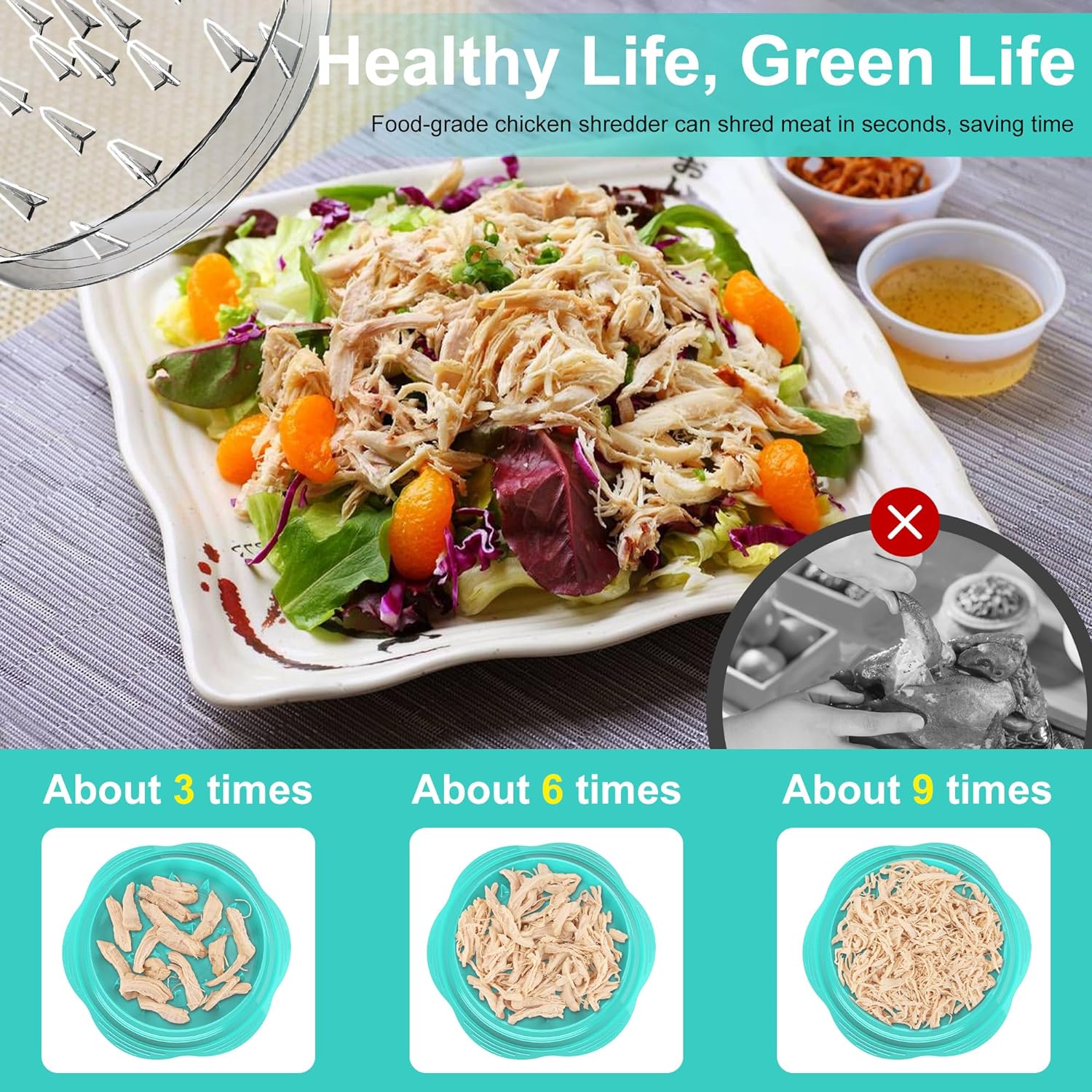 Chicken Shredder Large Chicken Breast Shredder Tool Twist with Brush&Fork, Visible Meat Shredder Machine, Anti-Slip Strip, Ergonomic Handle, BPA Free, Pork Beef Chicken(Mint Green) - Image 2