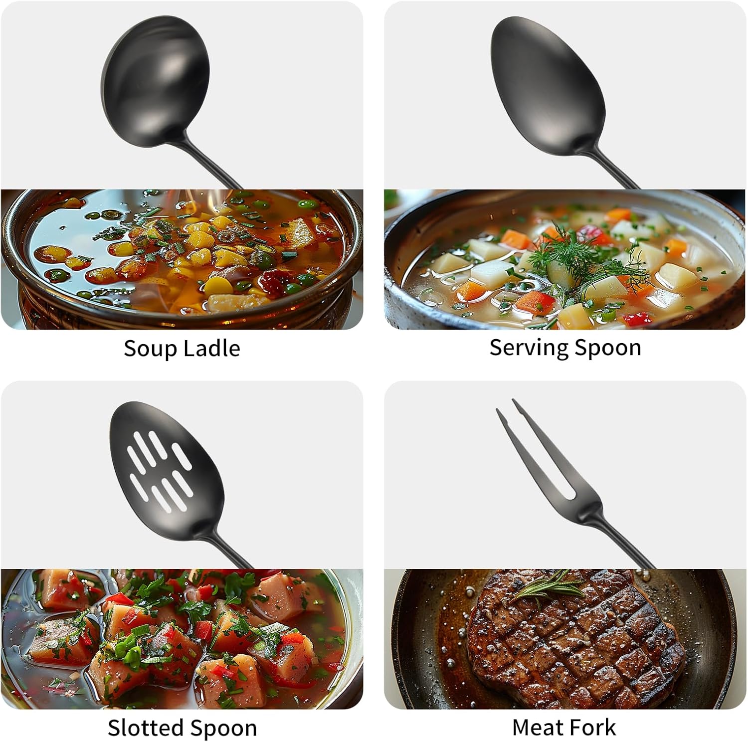 304 Stainlss Steel Matte Kitchen Utensils Set, 11 Pcs Long Metal Cooking Utensil Gadgets Tools Set with Spatula, Ladle, Spoon, Ladle, Skimmer, Tunner, Pasta Server, Tongs(Black, Dishwasher Safe) - Image 4