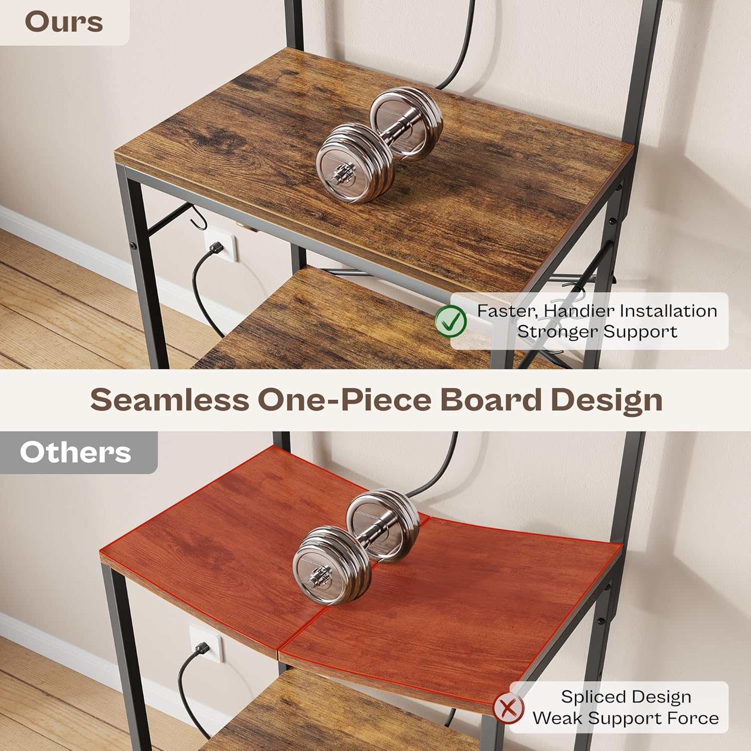 SUPERJARE Kitchen Bakers Rack with Power Outlet, Coffee Bar Table 4 Tiers, Kitchen Microwave Stand with 6 S-shaped Hooks, Storage Shelf Rack for Spices, Pots and Pans - Rustic Brown - Image 3