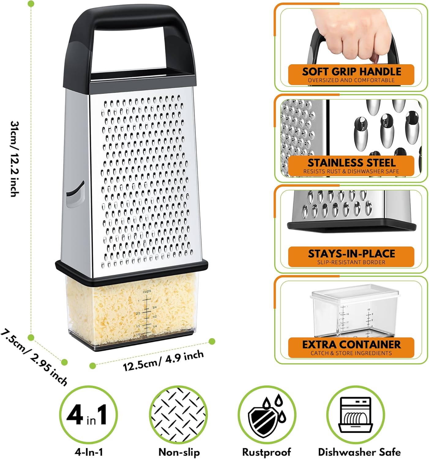 Urbanstrive Cheese Grater With Container Box Grater Stainless Steel Graters for Kitchen Cheese Shredder Parmesan Shredder Kitchen Gadgets Kitchen Tools Kitchen Gifts for Chef Dishwasher Safe Zester - Image 2