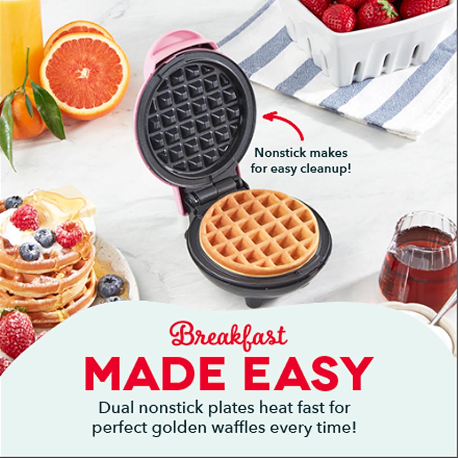 Dash Mini Waffle Maker- Compact Electric Iron for Creative Homemade Treats - PTFE nonstick surface - Easy-to-Clean - Perfect for Kids & Families - Pink - Image 3