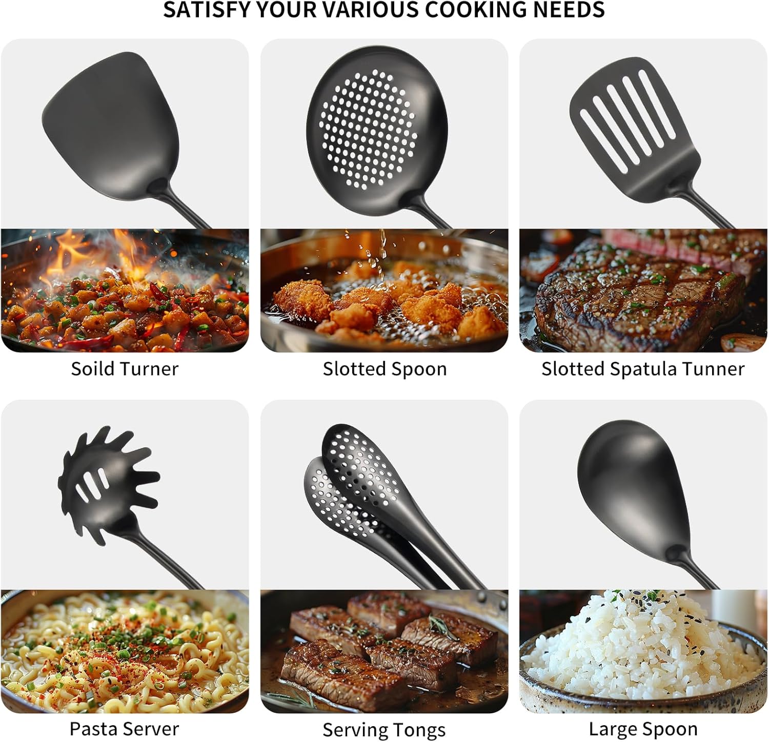 304 Stainlss Steel Matte Kitchen Utensils Set, 11 Pcs Long Metal Cooking Utensil Gadgets Tools Set with Spatula, Ladle, Spoon, Ladle, Skimmer, Tunner, Pasta Server, Tongs(Black, Dishwasher Safe) - Image 3