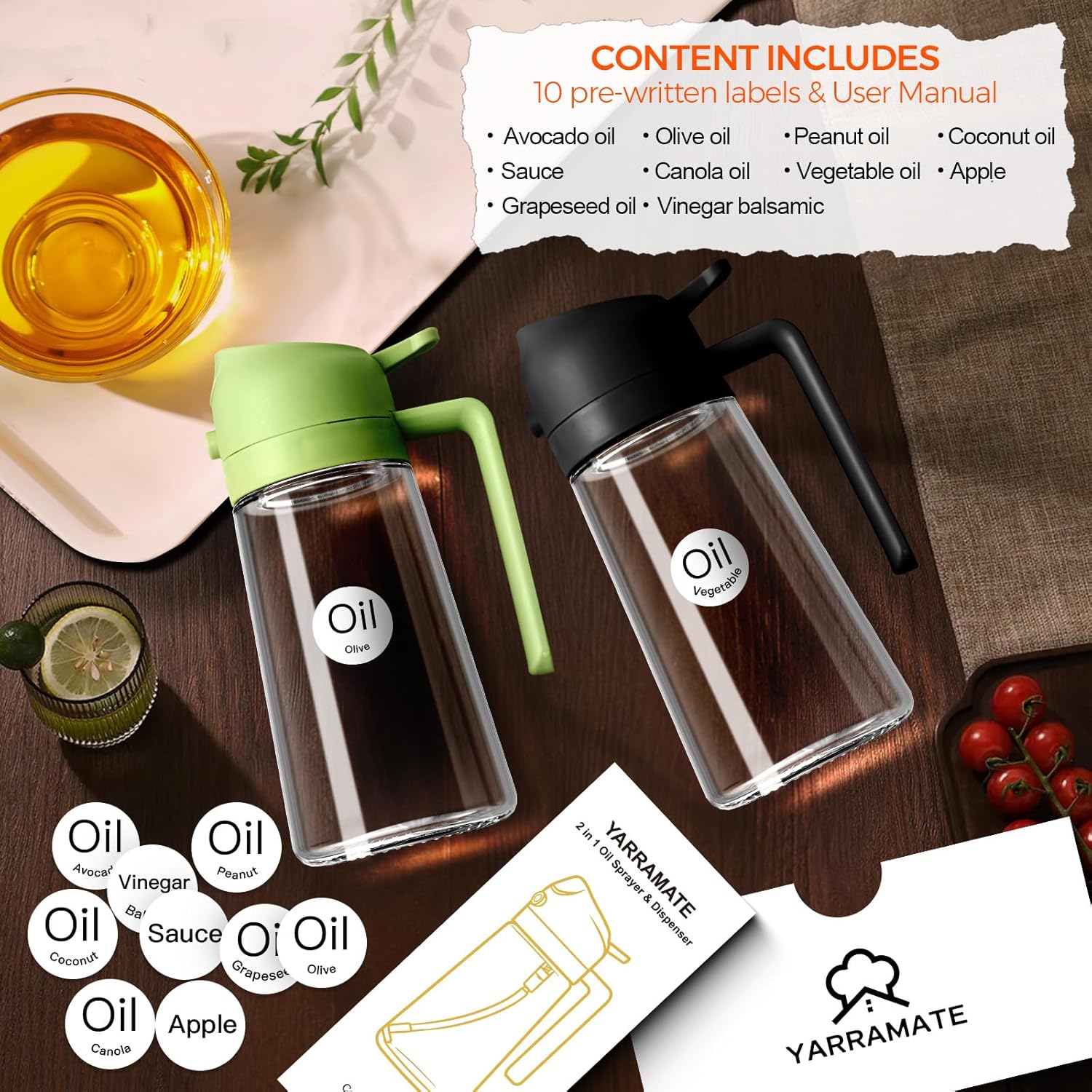 YARRAMATE 16oz/470ml Glass Olive Oil Sprayer for Cooking with Stickers, 2 in 1 Oil Dispenser for Kitchen Gadgets, Food Grade Premium Spray Bottle with Portion Control for Salad, Frying, BBQ (Black) - Image 2