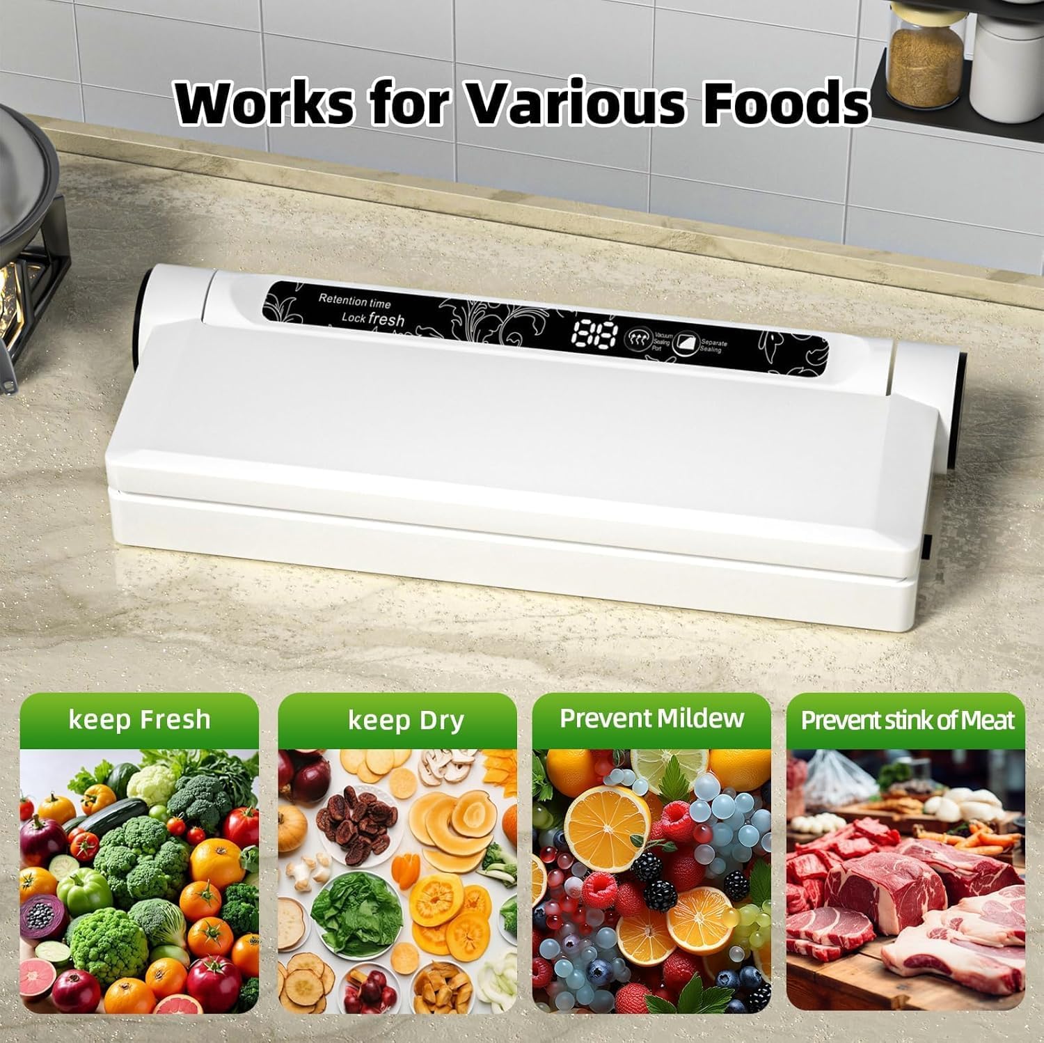 Food Vacuum Sealer Machine, 75KPA Strong Suction, Dry/Wet Modes, 20 Vacuum Seal Bags for Food, Digital Countdown Timer, Compact Lightweight, Ideal for Home Kitchen Use - Image 6
