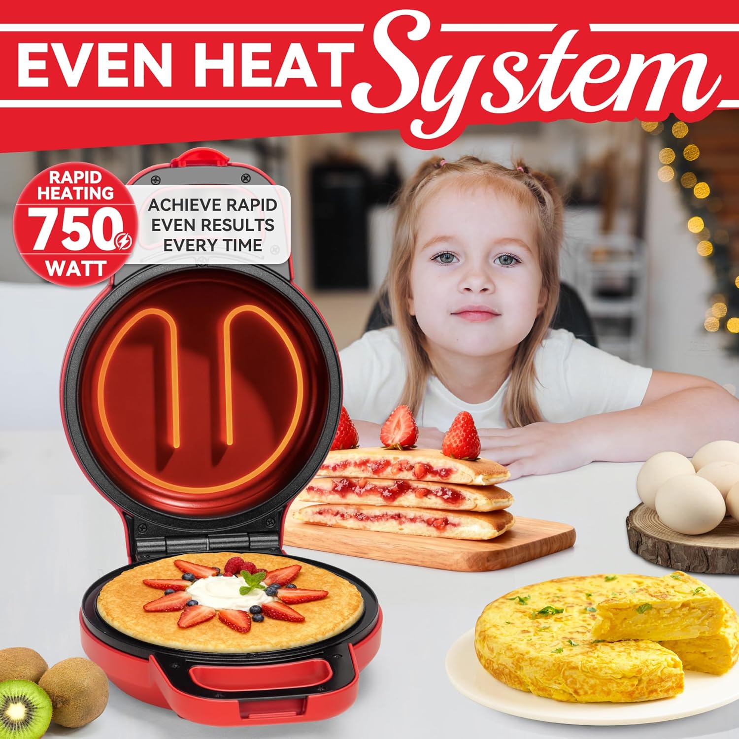 Flip Pancake Maker Machine, Ceramic Coated Pancake Pan for 6.5 Inch Pancakes, Omelette, Crepe & Quesadilla, Frittata, Double Sided Omelette Pan Nonstick, Red - Image 2