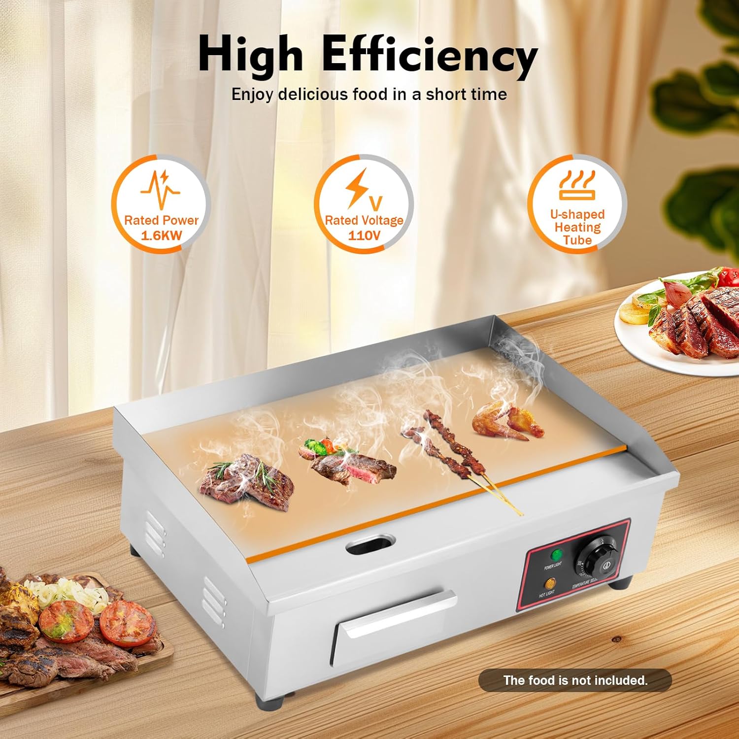 22" Commercial Electric Griddle, 110V 1600W Electric Stove Countertop Flat Top Grill Non-Stick Stainless Steel Teppanyaki Grill with Plug, Adjustable Temperature Control 122°F-572°F - Image 3