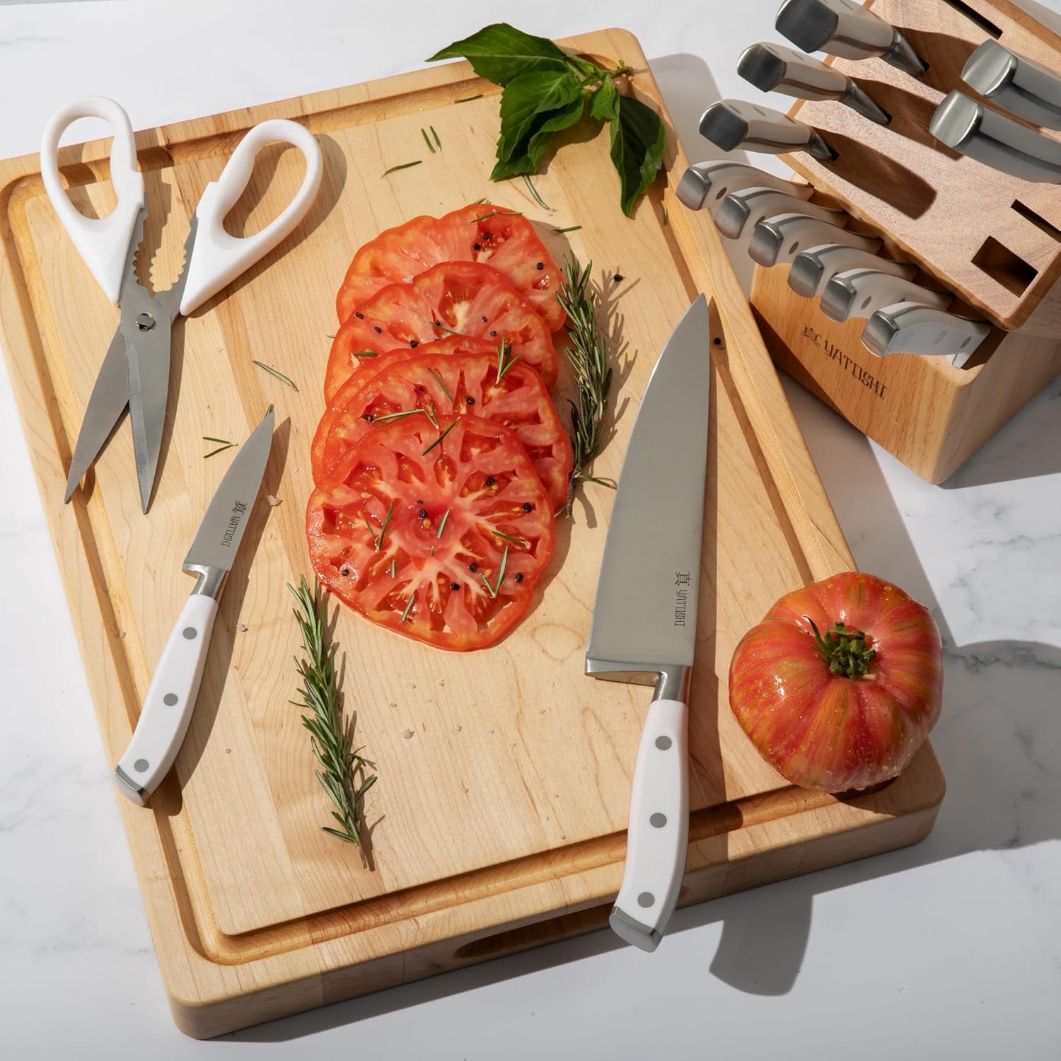 Yatoshi 15 Piece White Knife Block Set - Pro Kitchen Knife Set Ultra Sharp High Carbon Stainless Steel with Ergonomic Handle - Image 6