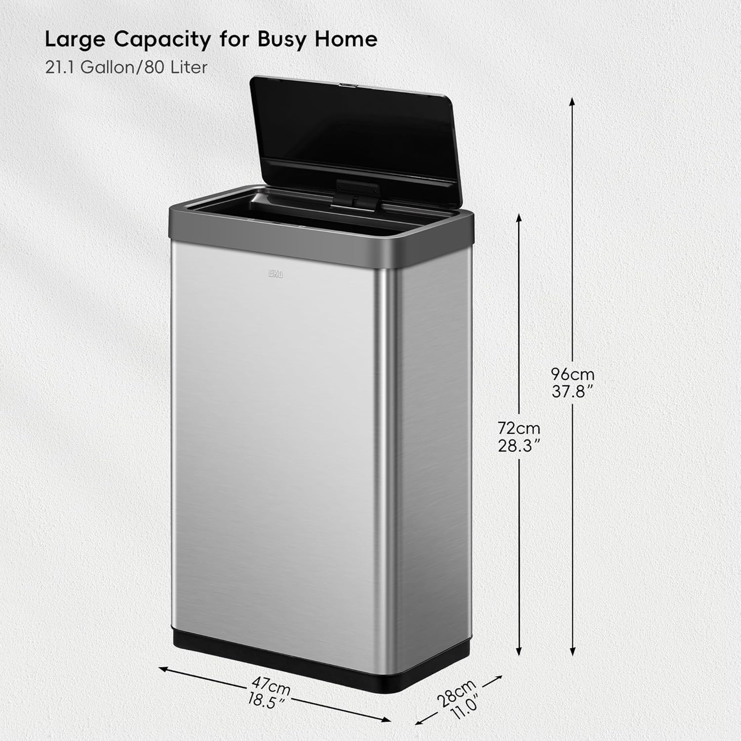 EKO Mirage X 80 Liter / 21.1 Gallons Motion Sensor Trash Can, Automatic Large Kitchen Trash Can Touchless, Stainless Steel - Image 2