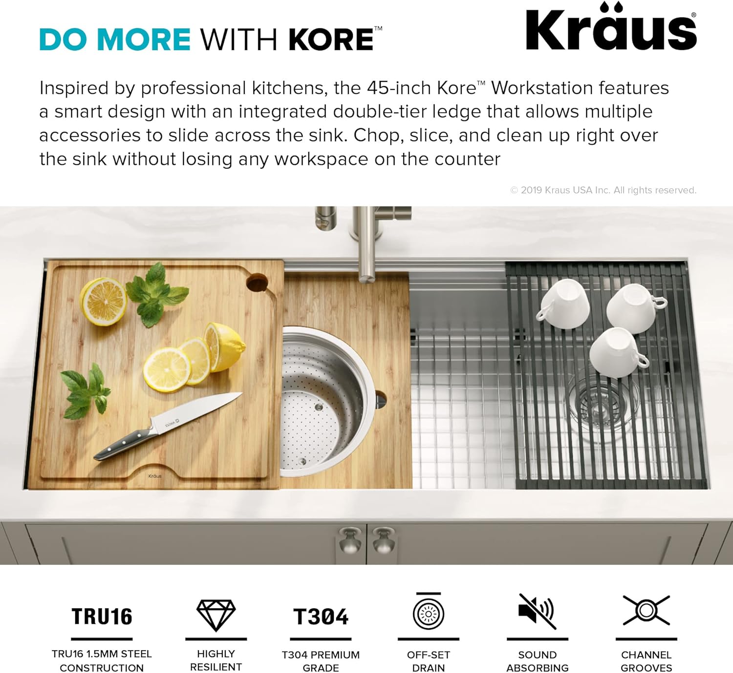 KRAUS Kore Workstation 45-inch Undermount 16 Gauge Stainless Steel Kitchen Sink, Single Bowl Kitchen Sink with Accessories, KWU120-45 - Image 8