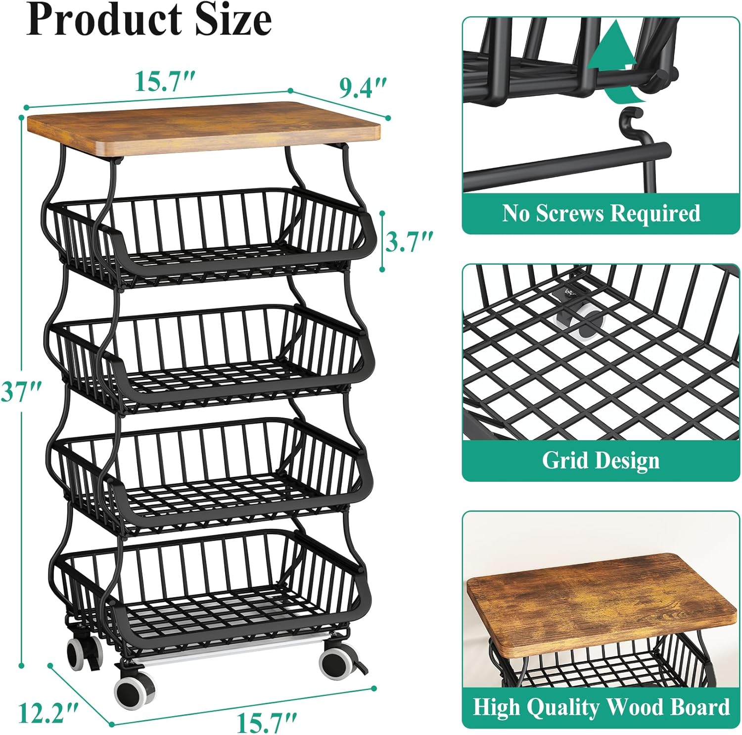 SAYZH Fruit Basket Kitchen Pantry Organizers and Storage - Wooden Top Table, Stackable Metal Wire Basket Stand Cart for Fruit Vegetable Snacks Onion Potato Organization, Black - Image 8