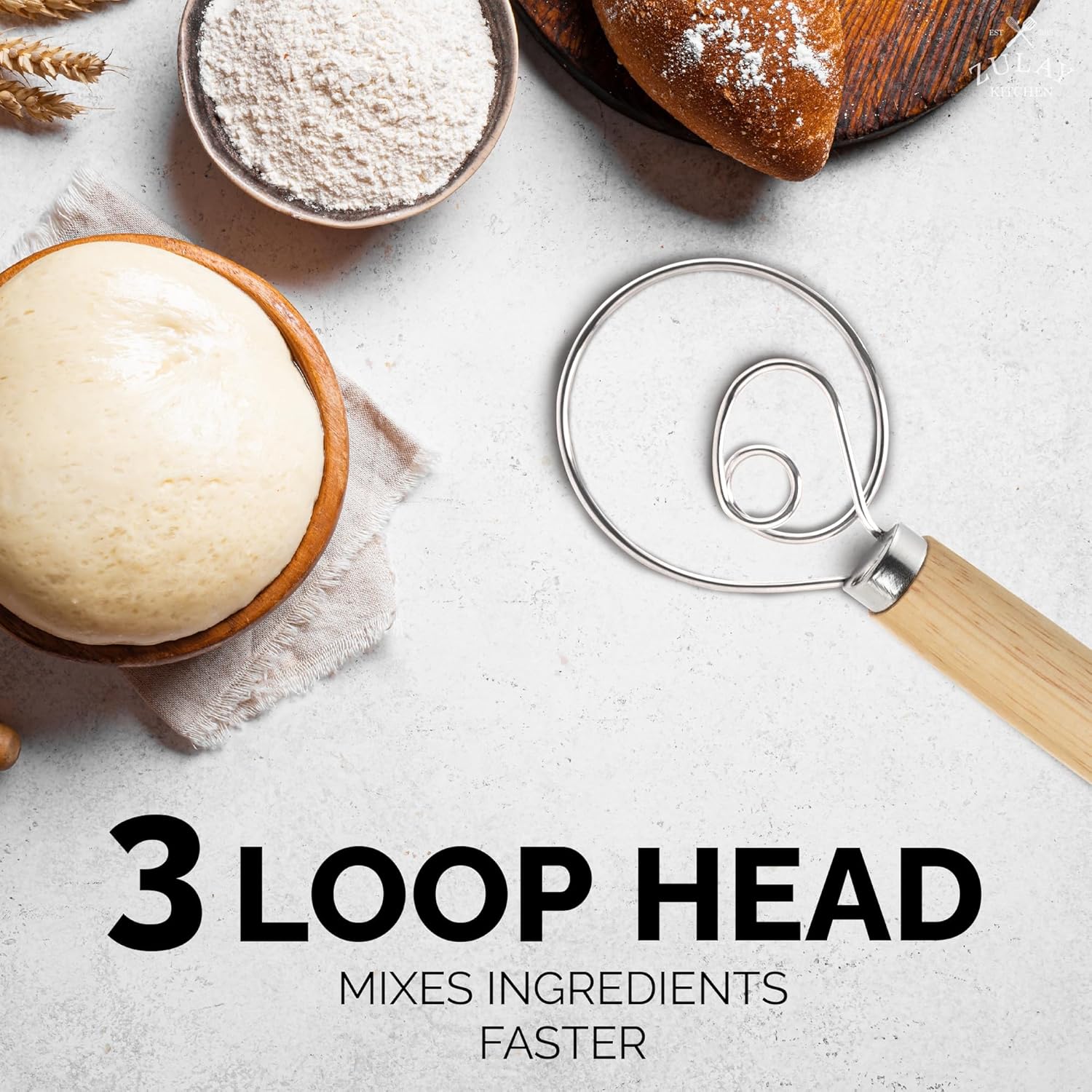 Zulay Kitchen 13-Inch Danish Dough Whisk - Wooden Danish Whisk for Dough with Stainless Steel Dough Hook - Traditional Dutch Whisk - Bread Whisk for Sourdough, Pizza, Pastry, Cake Batter - Image 5