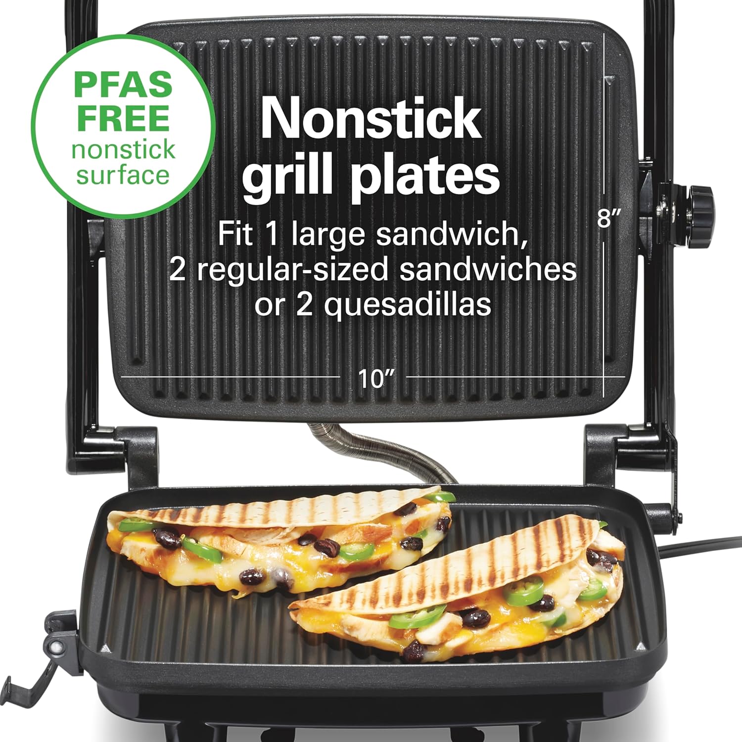 Hamilton Beach Panini Press Sandwich Maker & Electric Indoor Grill with Locking Lid, Opens Wide to Fit Any Thickness for Quesadillas, Burgers & More, Nonstick 8" x 10" Grids, Chrome (25460MNA) - Image 3
