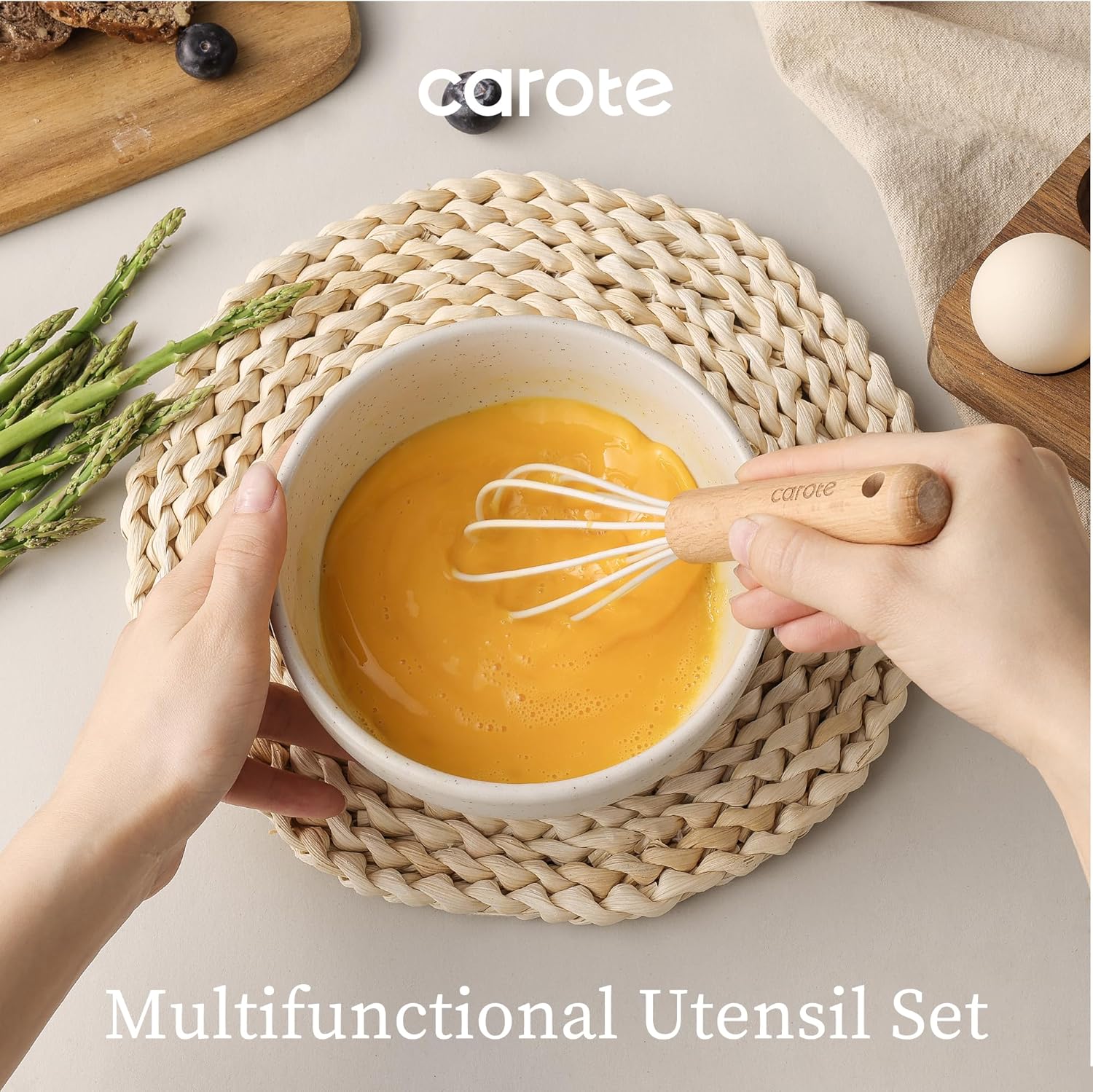 CAROTE Silicone Cooking Utensils Set, Kitchen Utensils Set 10 Pcs for cooking, BPA Free Spatula Set with Heat Resistant Wood Handles for Nonstick Cookware (Cream White) - Image 5