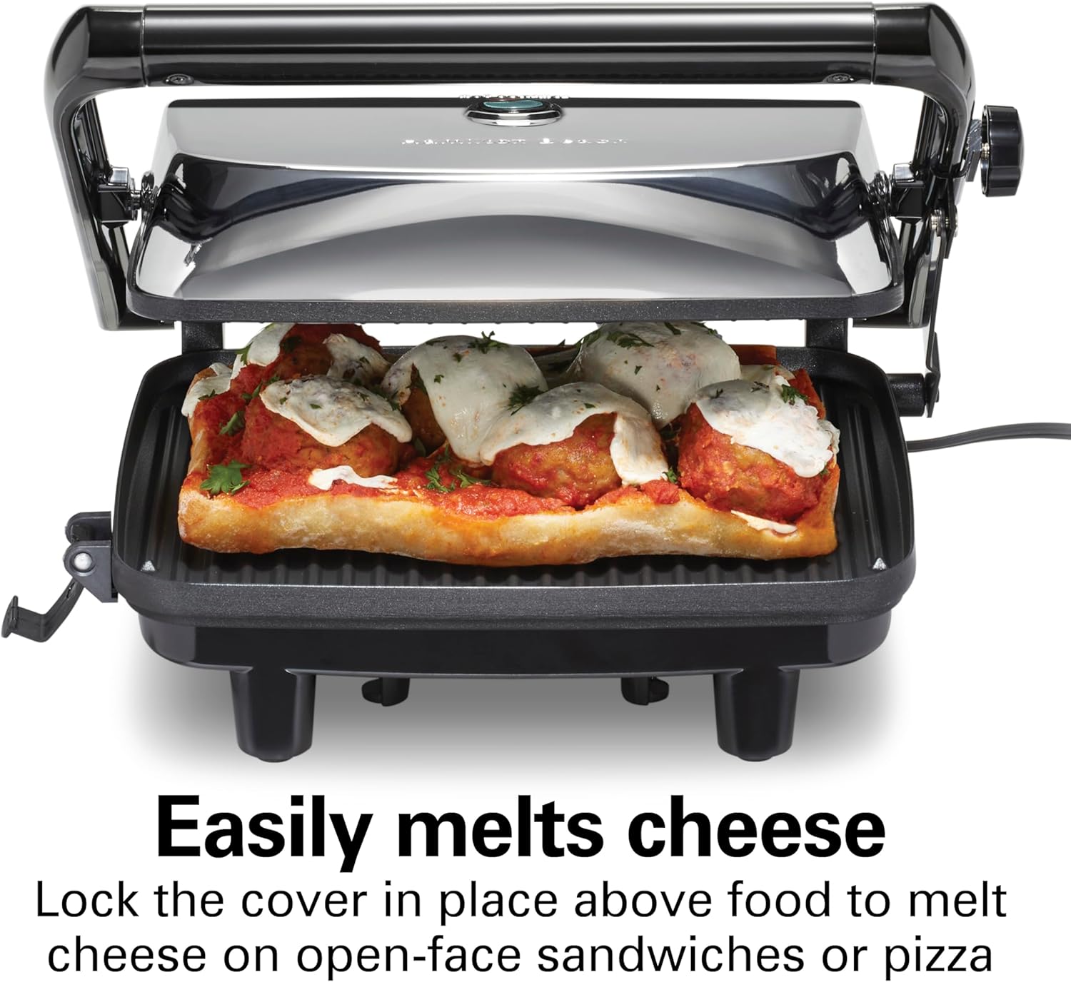 Hamilton Beach Panini Press Sandwich Maker & Electric Indoor Grill with Locking Lid, Opens Wide to Fit Any Thickness for Quesadillas, Burgers & More, Nonstick 8" x 10" Grids, Chrome (25460MNA) - Image 5