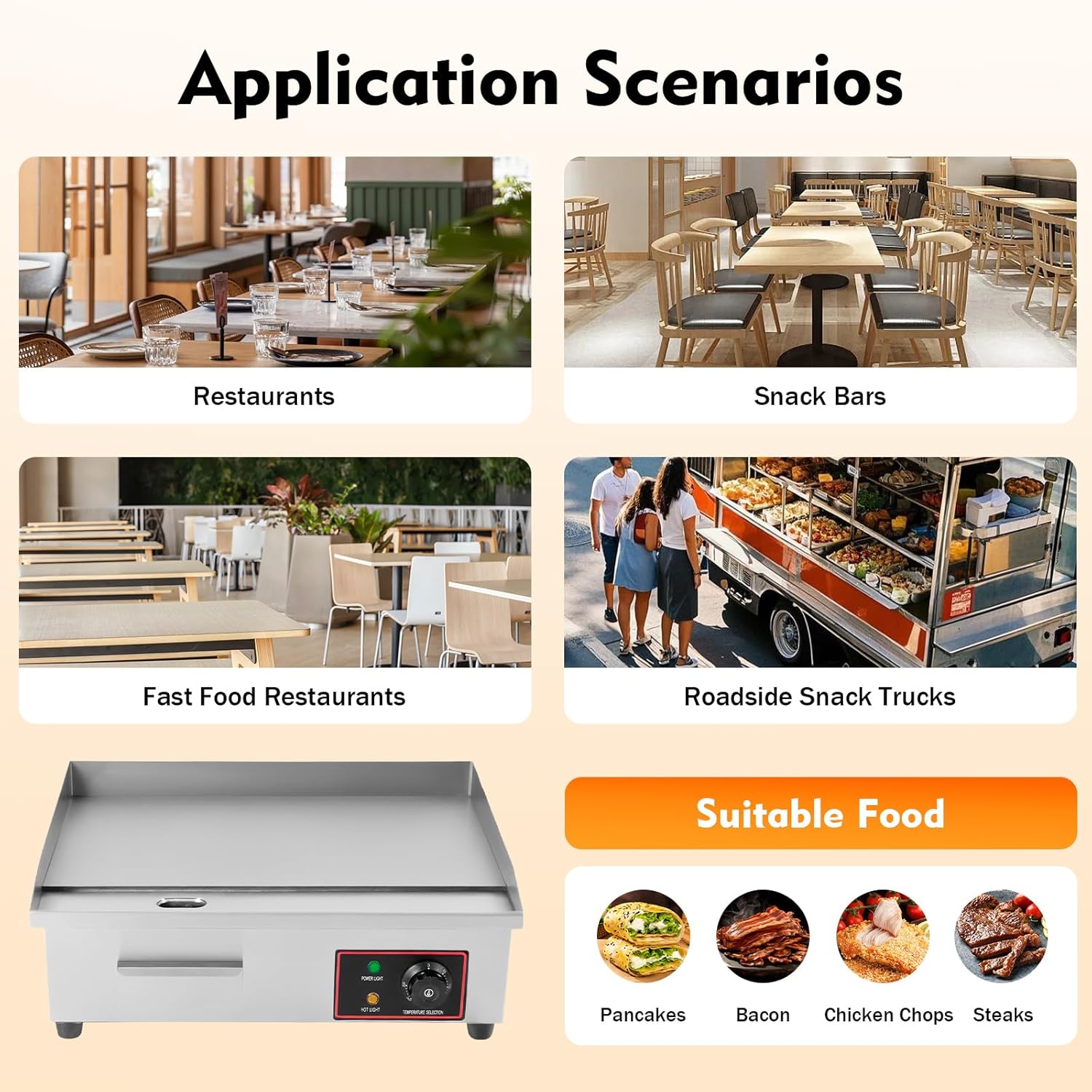 22" Commercial Electric Griddle, 110V 1600W Electric Stove Countertop Flat Top Grill Non-Stick Stainless Steel Teppanyaki Grill with Plug, Adjustable Temperature Control 122°F-572°F - Image 6