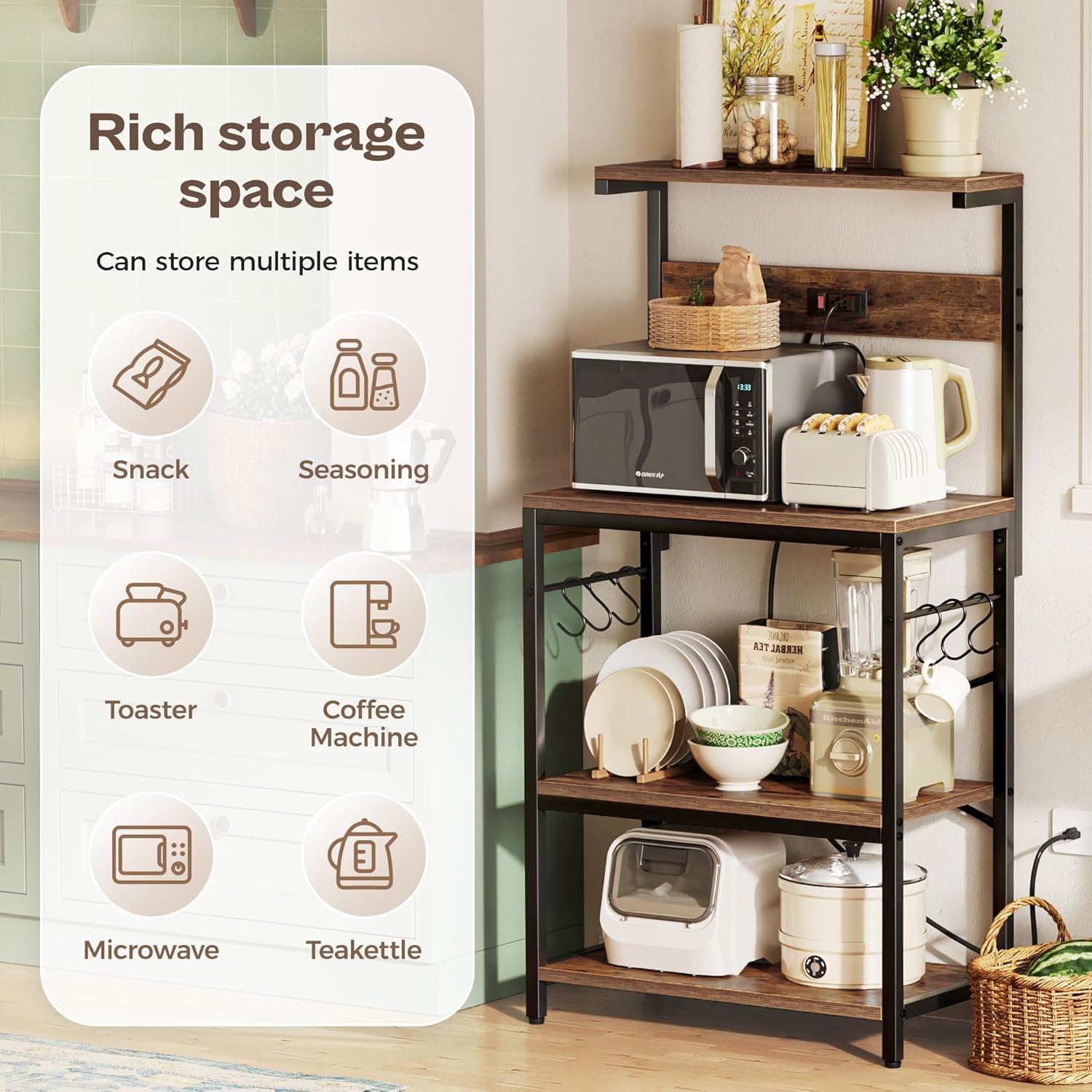 SUPERJARE Kitchen Bakers Rack with Power Outlet, Coffee Bar Table 4 Tiers, Kitchen Microwave Stand with 6 S-shaped Hooks, Storage Shelf Rack for Spices, Pots and Pans - Rustic Brown - Image 6