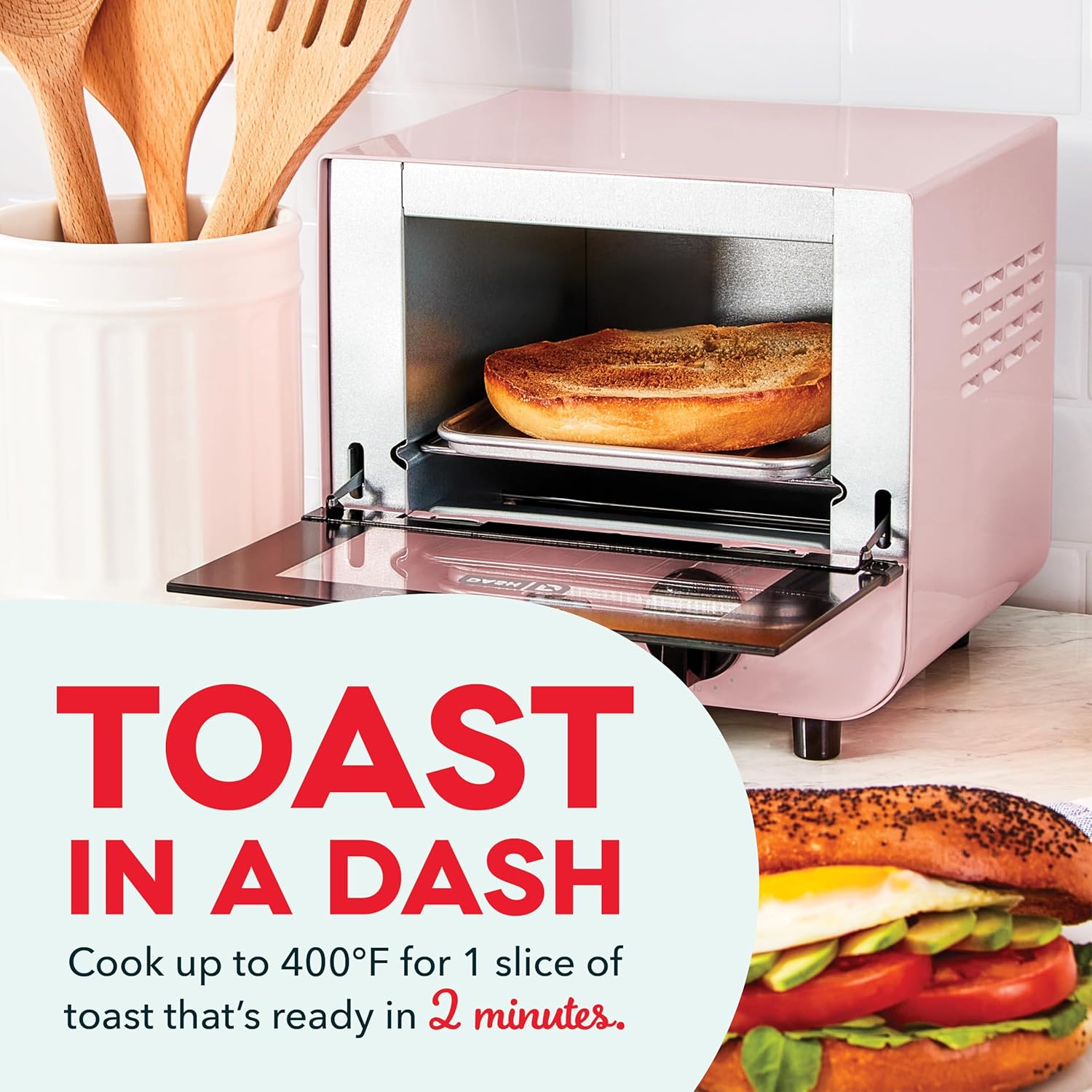Dash Mini Toaster Oven - Sleek & Stylish - For Creative Homemade Treats - Compact, Space-Saving Design - adjustable temperature dial - Removable Baking Tray - Pink - Image 3