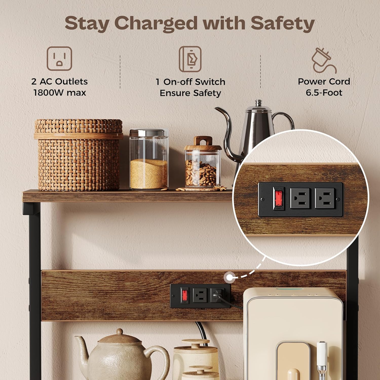 SUPERJARE Kitchen Bakers Rack with Power Outlet, Coffee Bar Table 4 Tiers, Kitchen Microwave Stand with 6 S-shaped Hooks, Storage Shelf Rack for Spices, Pots and Pans - Rustic Brown - Image 4