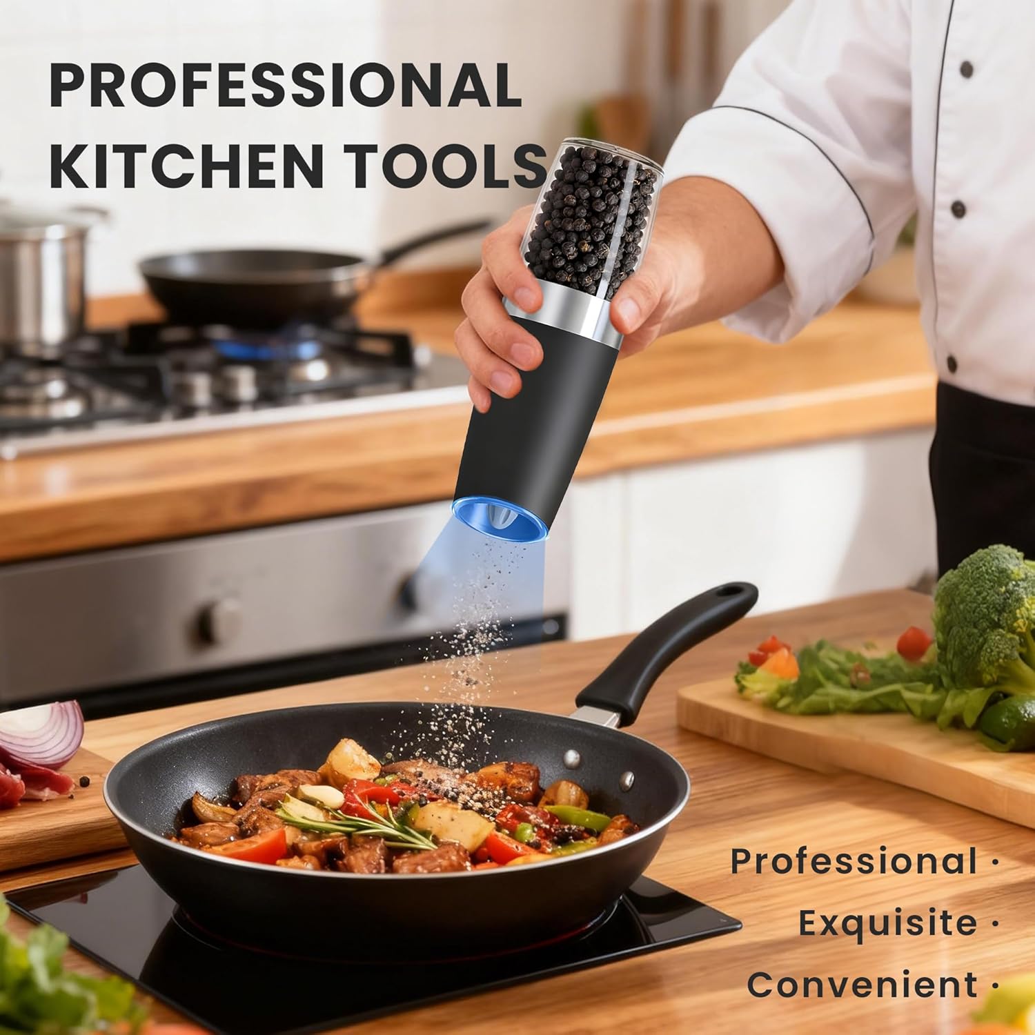 Gravity Electric Salt and Pepper Grinder set of 2, Automatic Salt And Pepper Grinder Set, Adjustable Roughness, Battery Powered, LED Light, 2 Pack, (Black) - Image 2