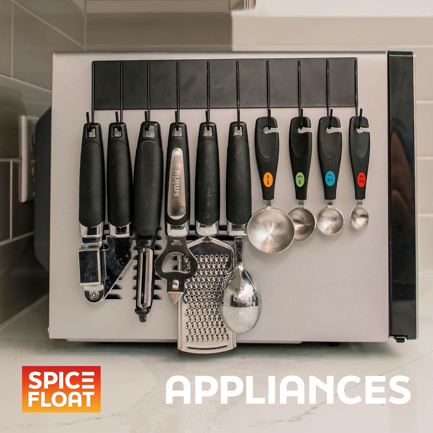 SPICE FLOAT Magnetic Spice Organizer Racks - 4 Premium Metal Racks + 1 Hanging Hook Bar Kitchen Shelf - Seasoning Organizer For Kitchen Appliances (3.94" x 12.2" x 3.15") - Image 6