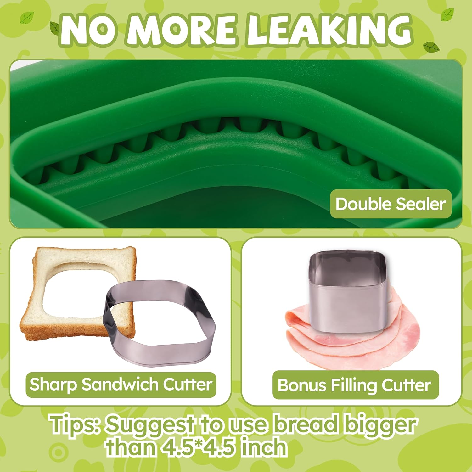 Uncrustables Sandwich Maker Sealer Cutter, Crustless Sandwich Cutter, PB&J Uncrustable Maker - Color Green, Square Shape - Image 5