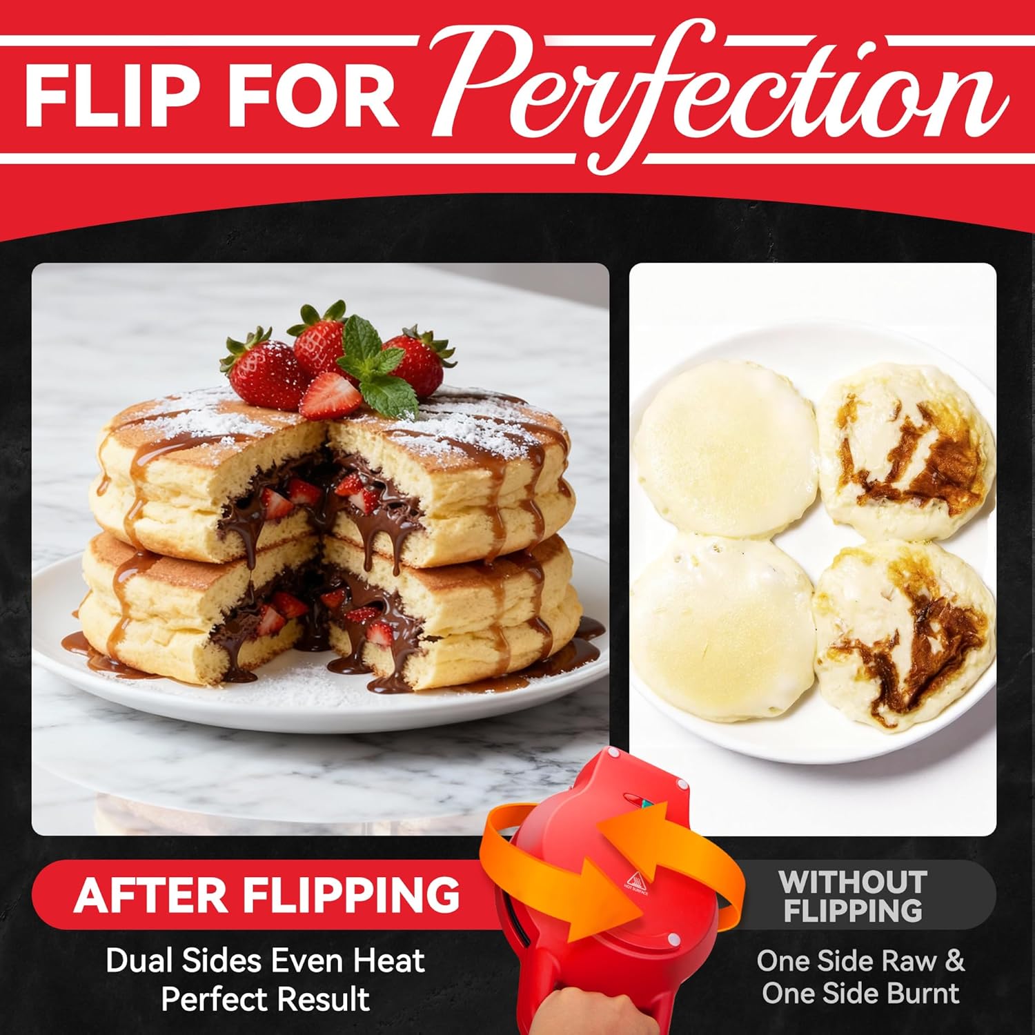 Flip Pancake Maker Machine, Ceramic Coated Pancake Pan for 6.5 Inch Pancakes, Omelette, Crepe & Quesadilla, Frittata, Double Sided Omelette Pan Nonstick, Red - Image 4