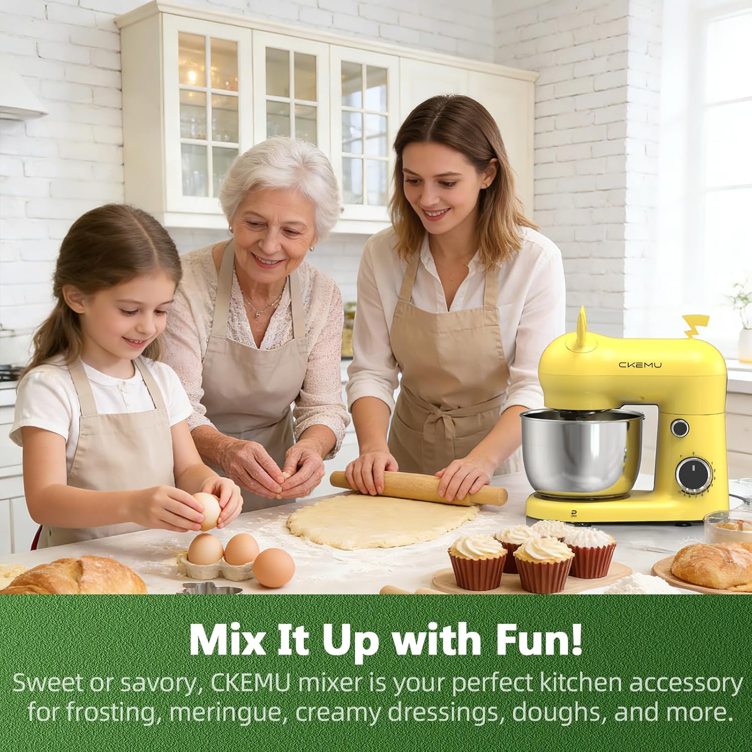 Stand Mixer, Compact & Space-Saving, Stainless Steel Bowl, Unique & Playful Design, Effcient Motor, Dishwasher-Safe Attachments, SM-2549A (Yellow) - Image 3