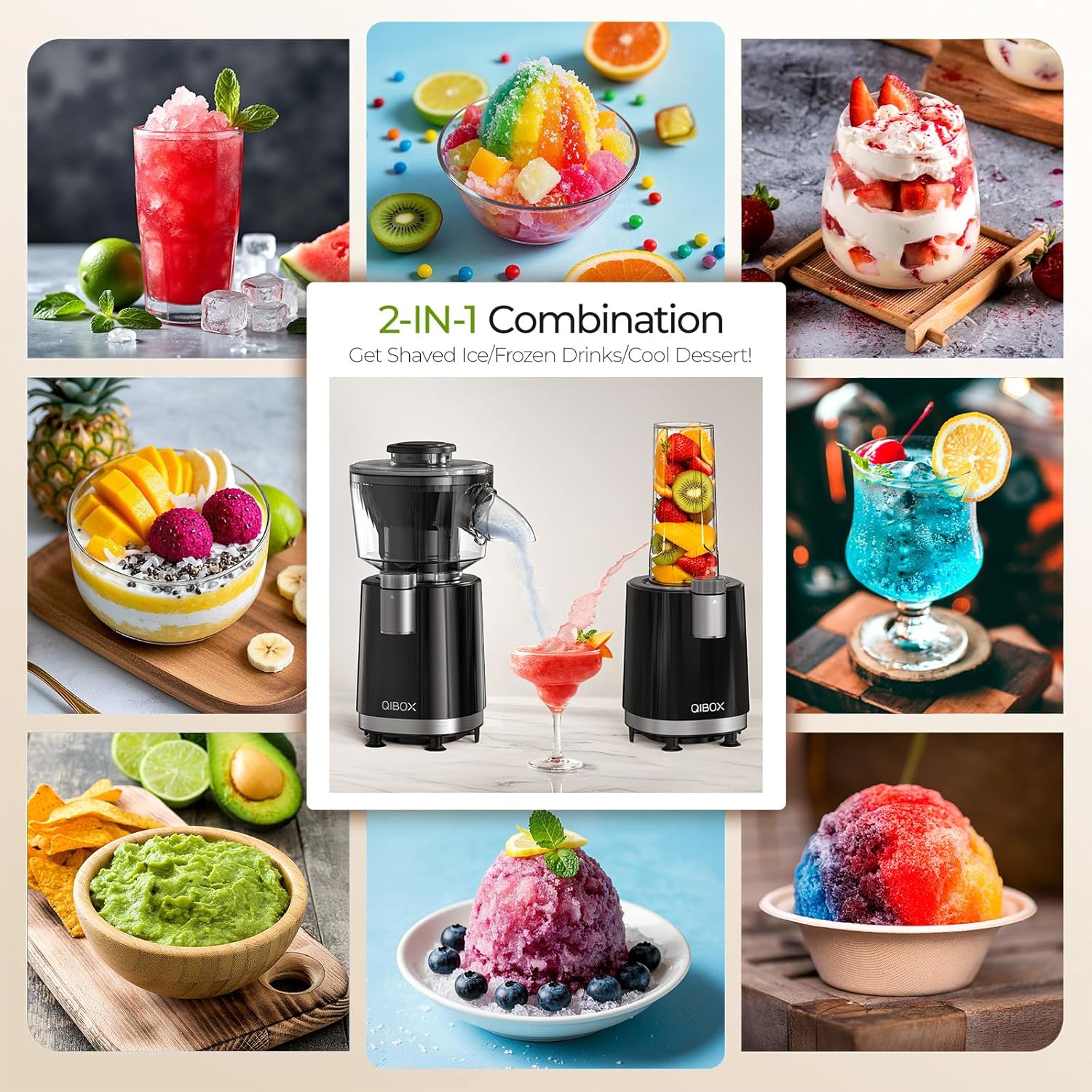 QIBOX Snow Cone Machine & Smoothie Blender 2 in 1, 700W Powerful Shaved Ice Machine Slushine Machine, Healthy Frozen Drink Maker with Stainless Steel Blade & Smoothie Recipe, for Home Kitchen Party - Image 4